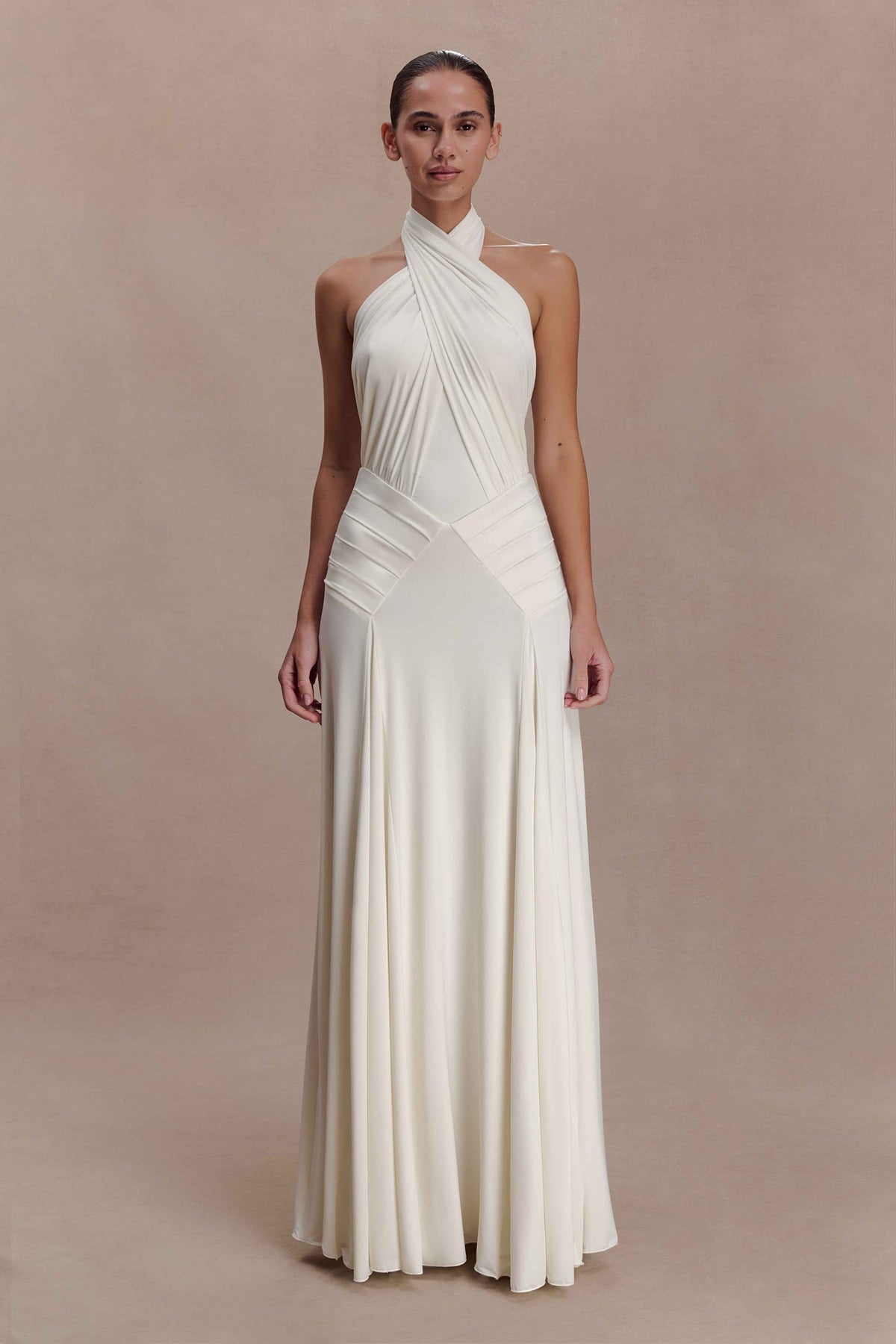 Indira Ivory Gathered Halter Maxi Dress