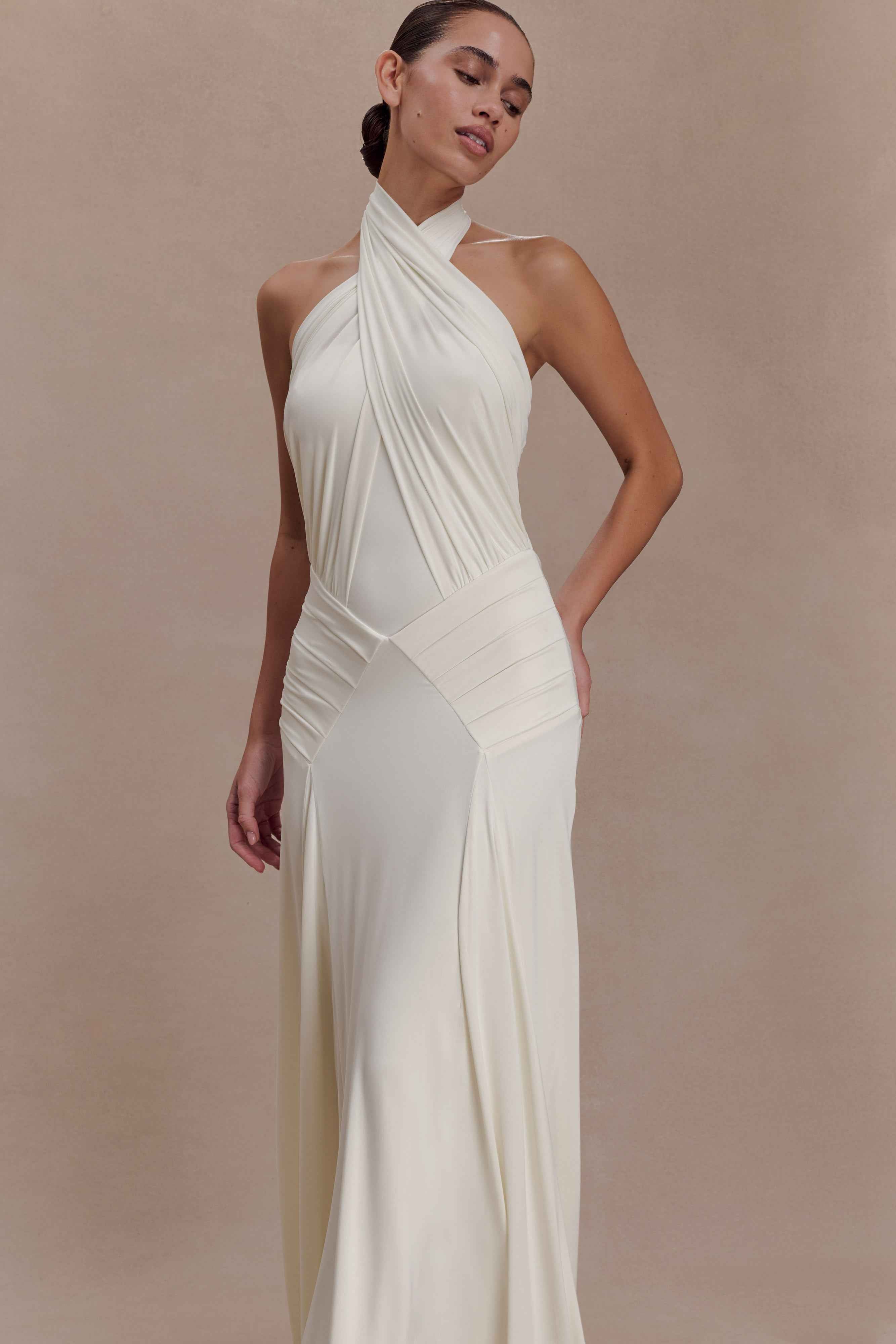Indira Ivory Gathered Halter Maxi Dress