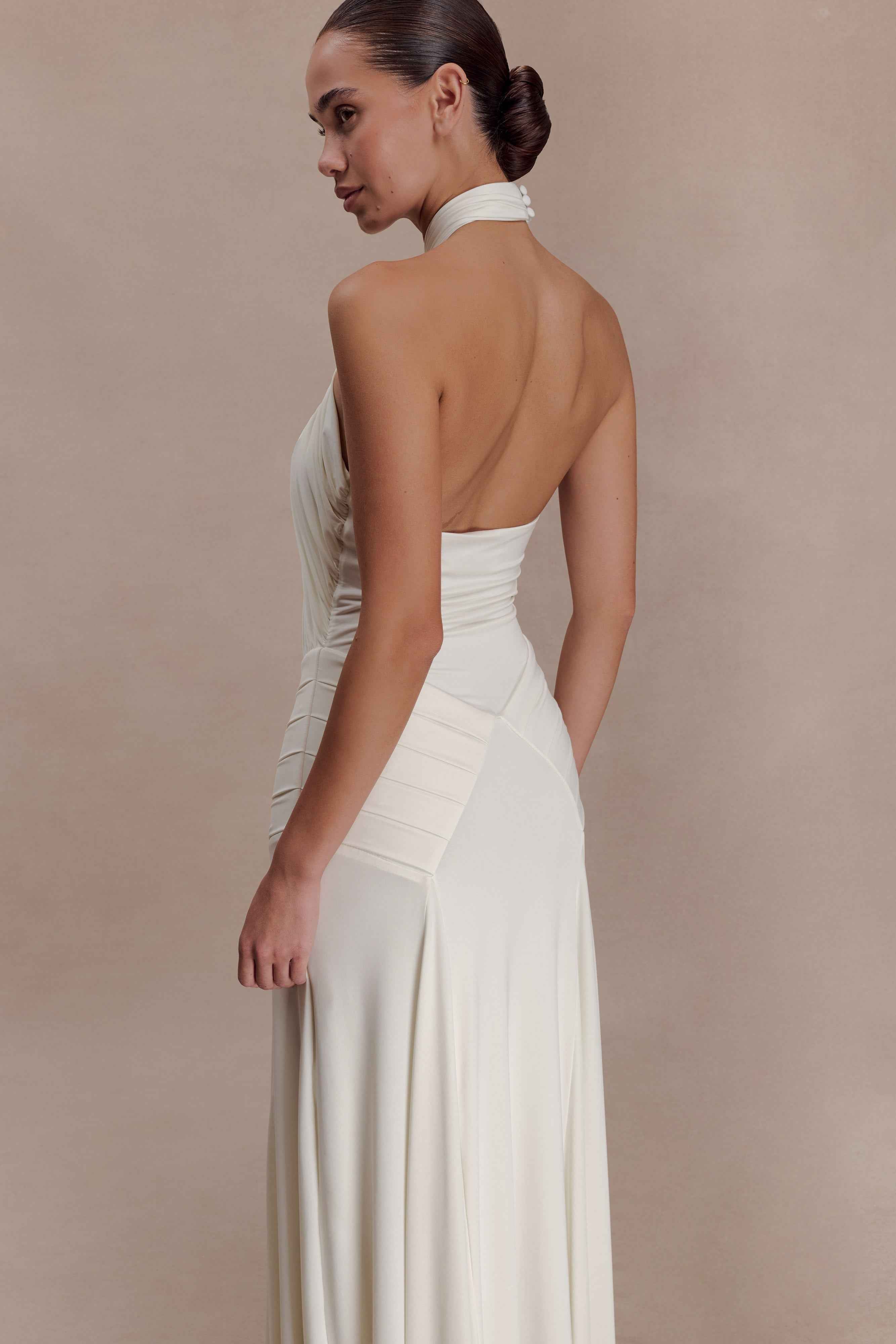 Indira Ivory Gathered Halter Maxi Dress