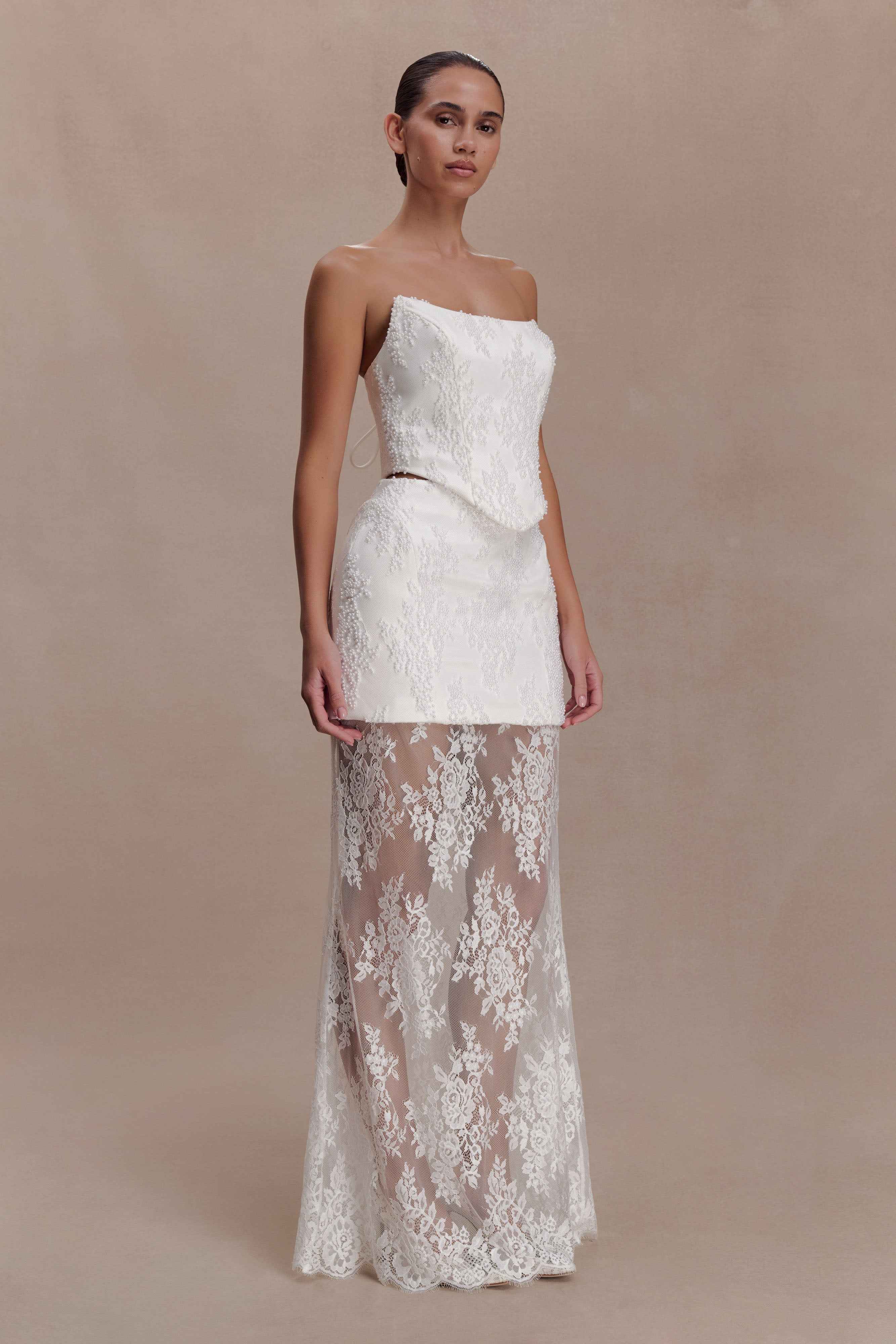 Camille Ivory Beaded Satin & Lace Corset Top