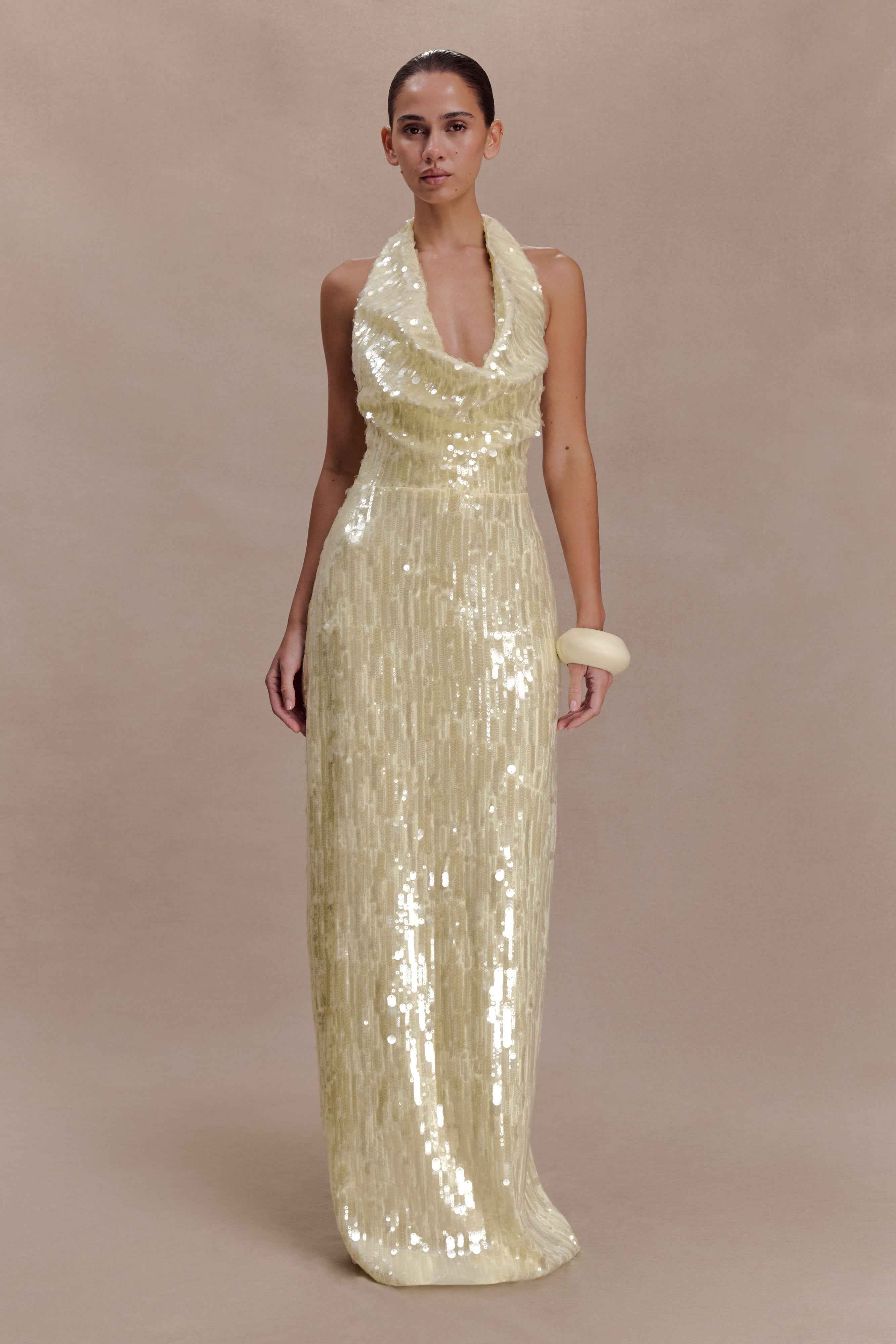 Gertrud Lemon Sequin Halter Maxi Dress