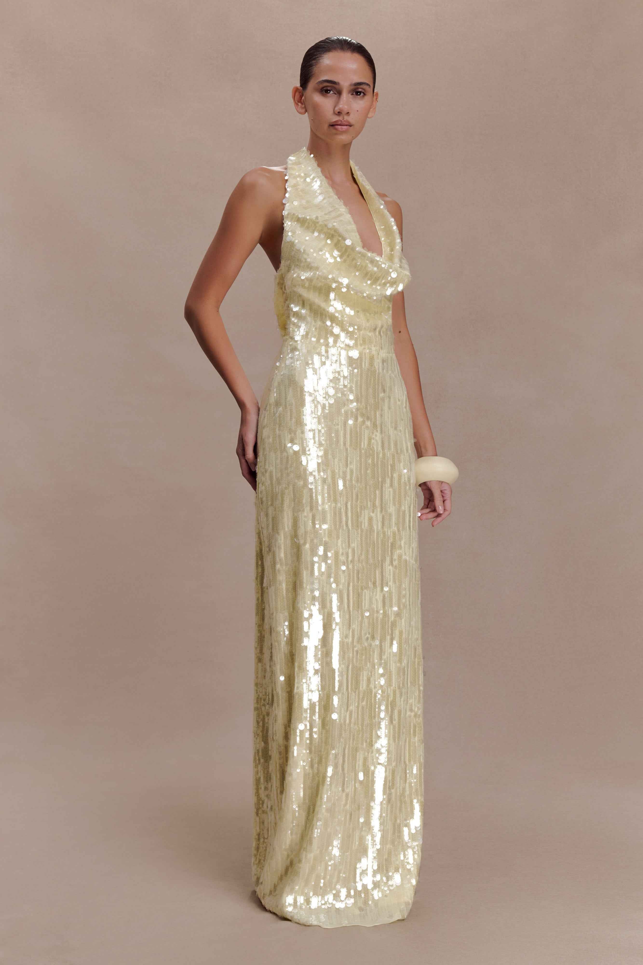 Gertrud Lemon Sequin Halter Maxi Dress