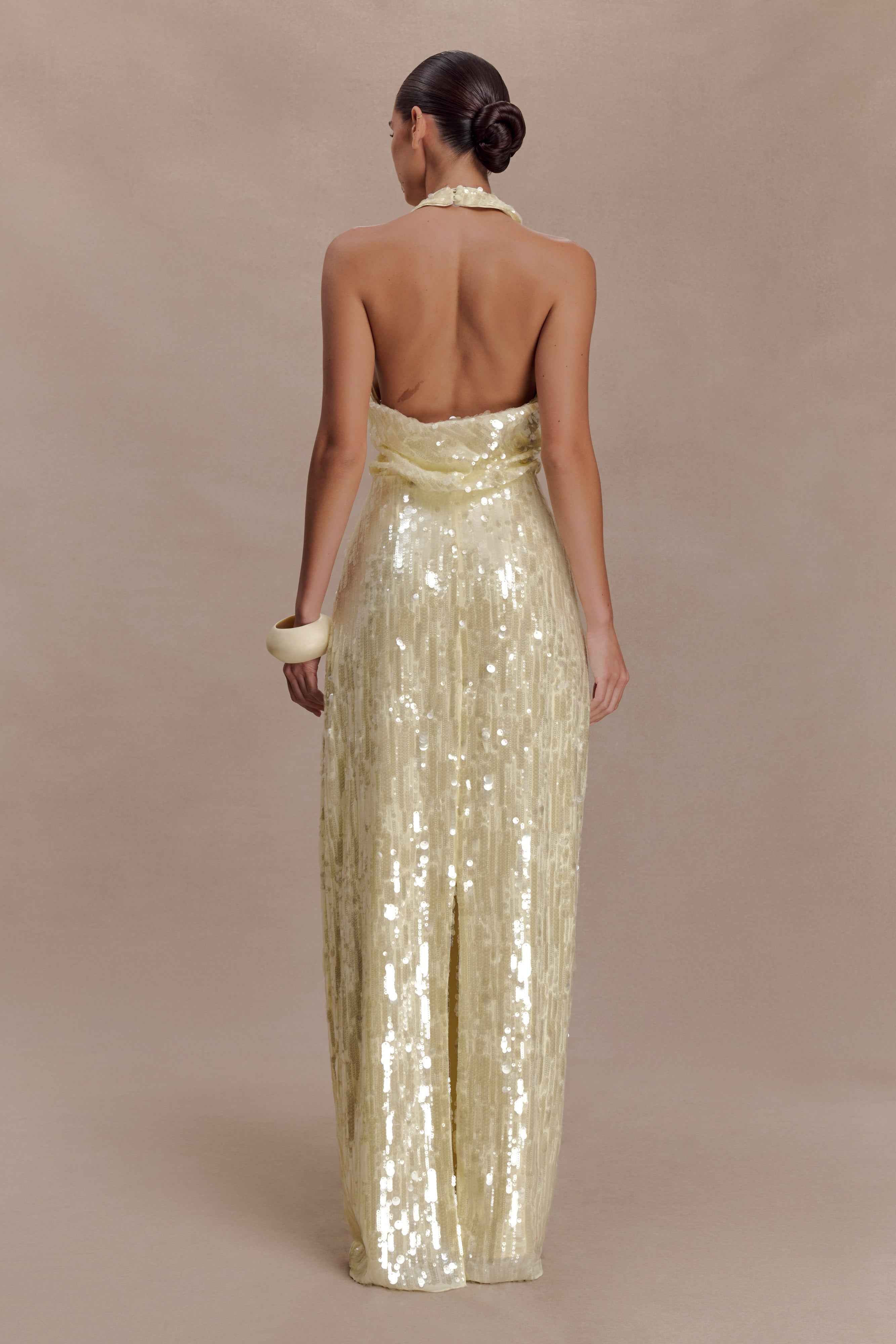 Gertrud Lemon Sequin Halter Maxi Dress