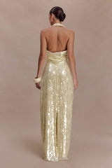 Gertrud Lemon Sequin Halter Maxi Dress