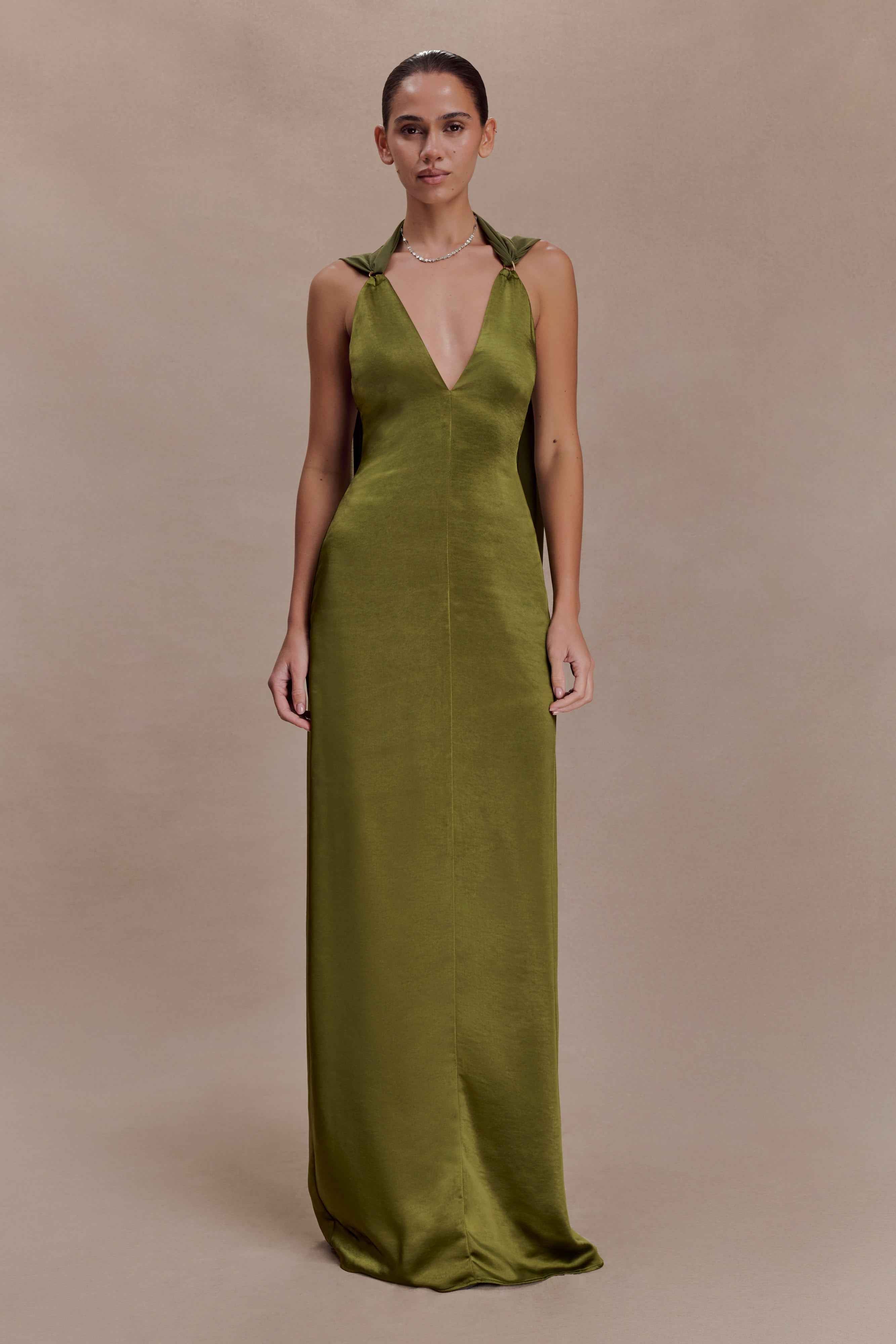 Myla Khaki Satin Maxi Dress