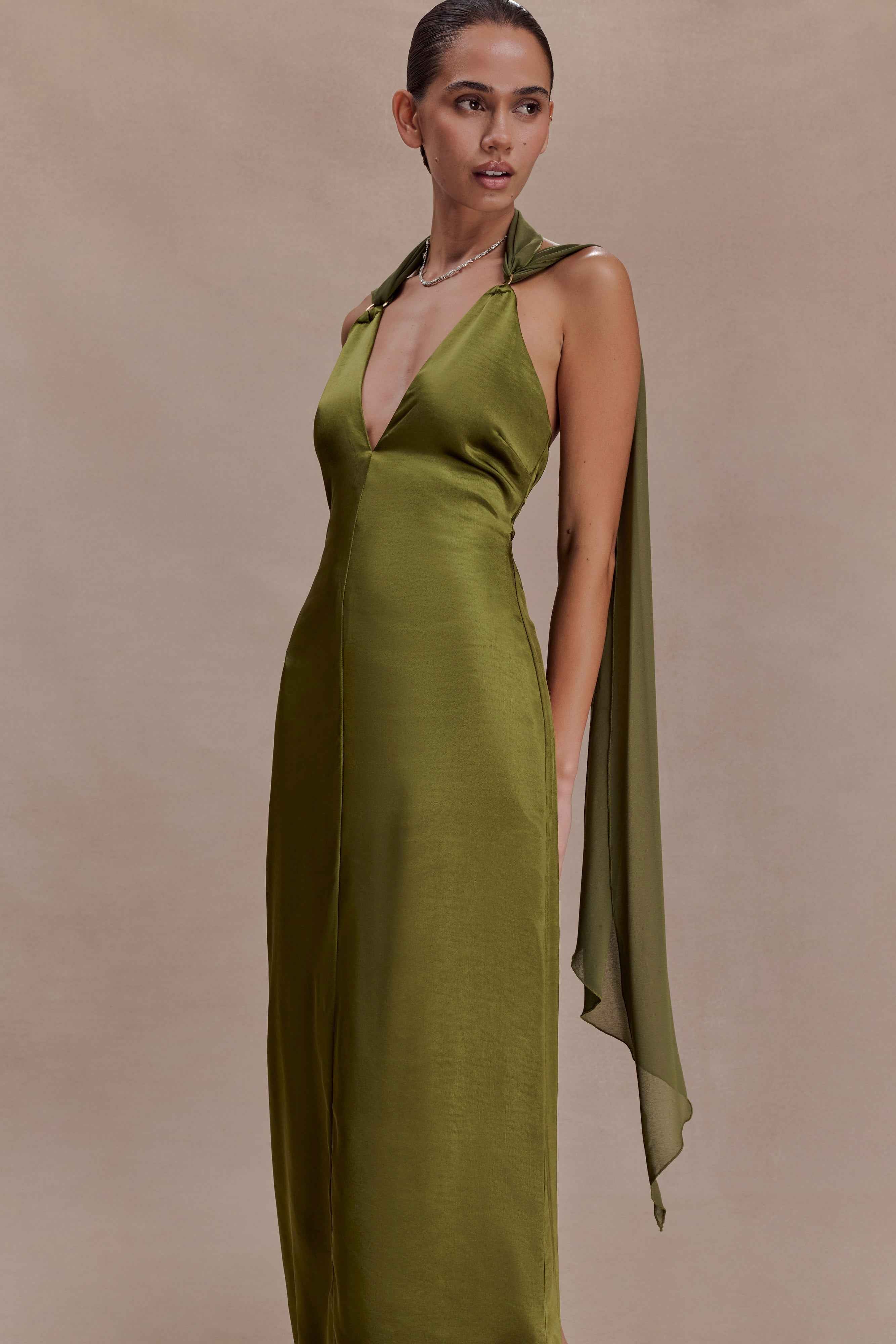 Myla Khaki Satin Maxi Dress
