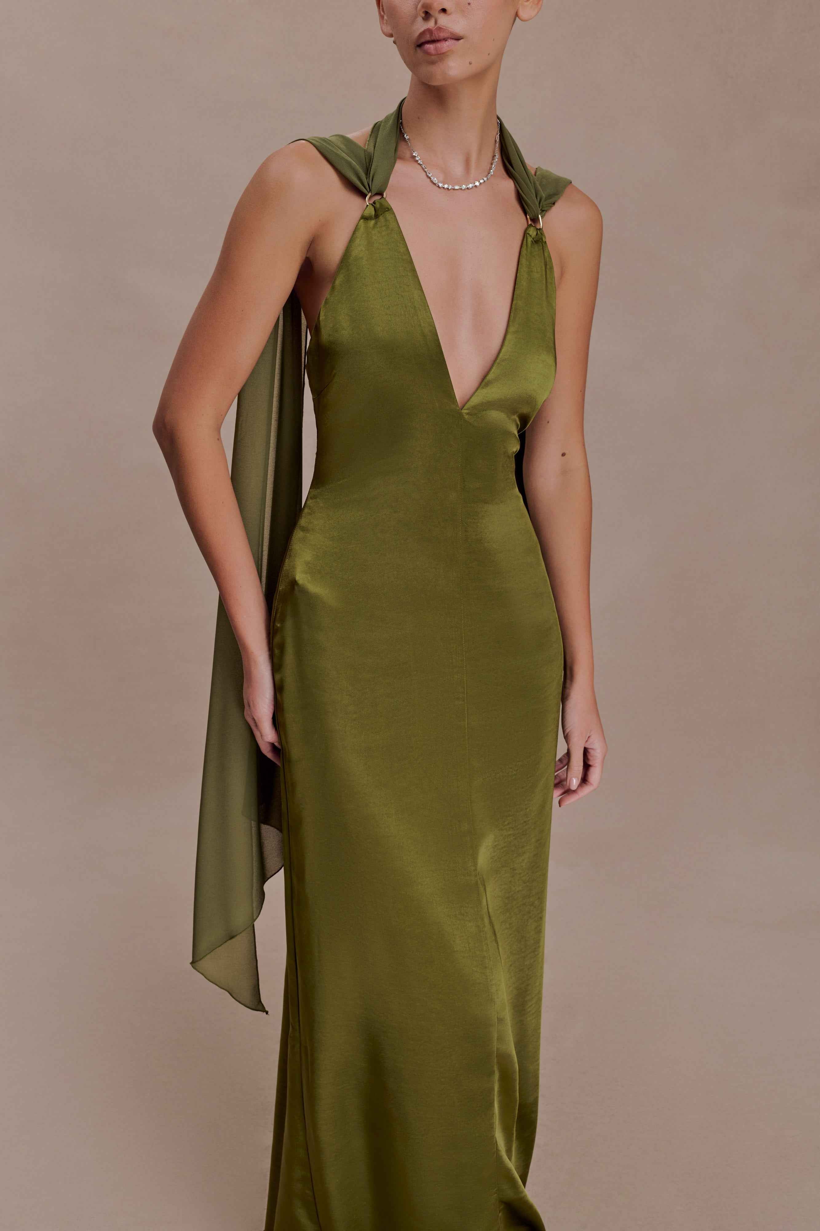 Myla Khaki Satin Maxi Dress