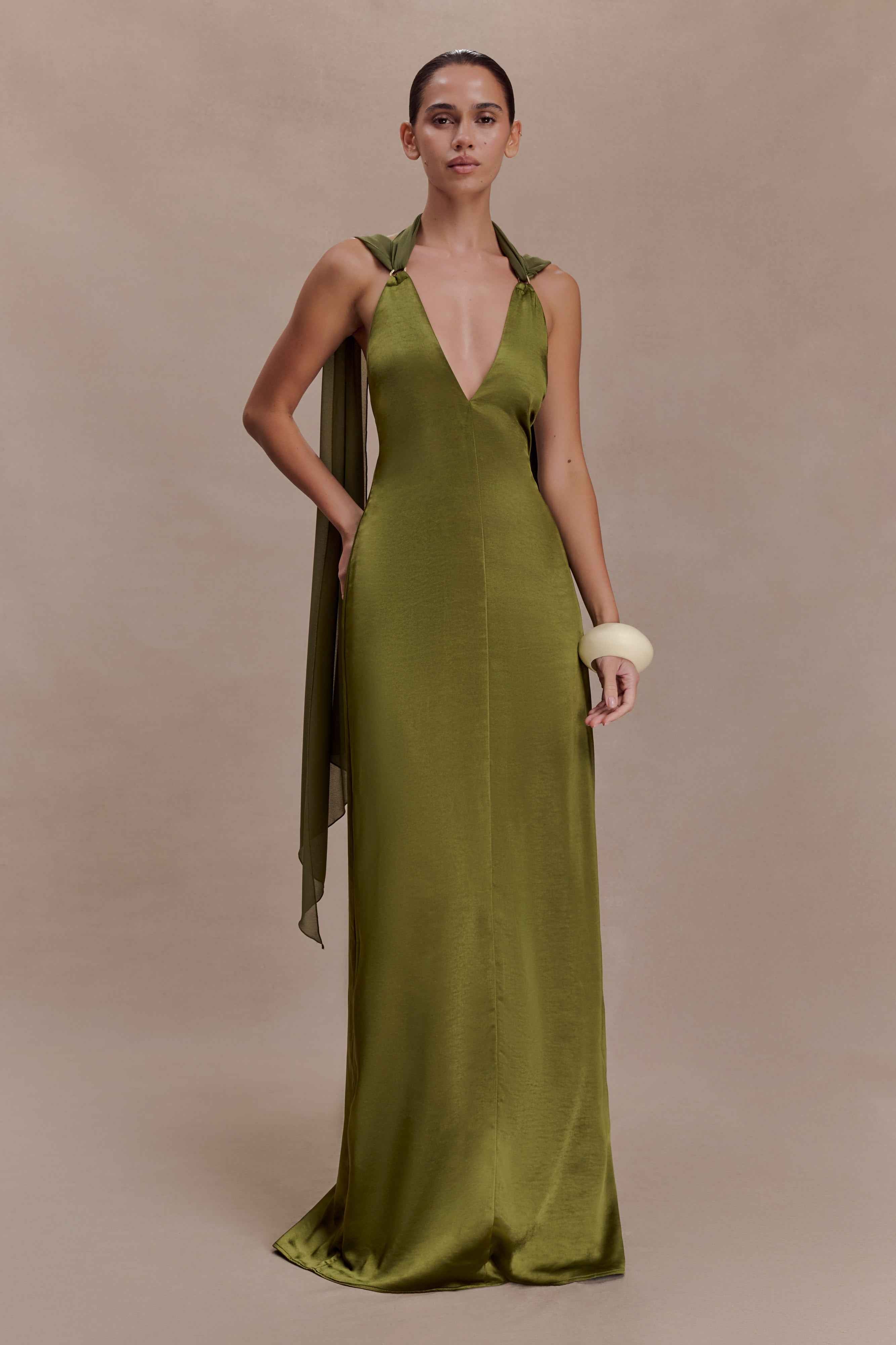 Myla Khaki Satin Maxi Dress