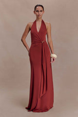 Veda Russet Slinky Halter Maxi Dress