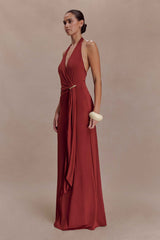 Veda Russet Slinky Halter Maxi Dress