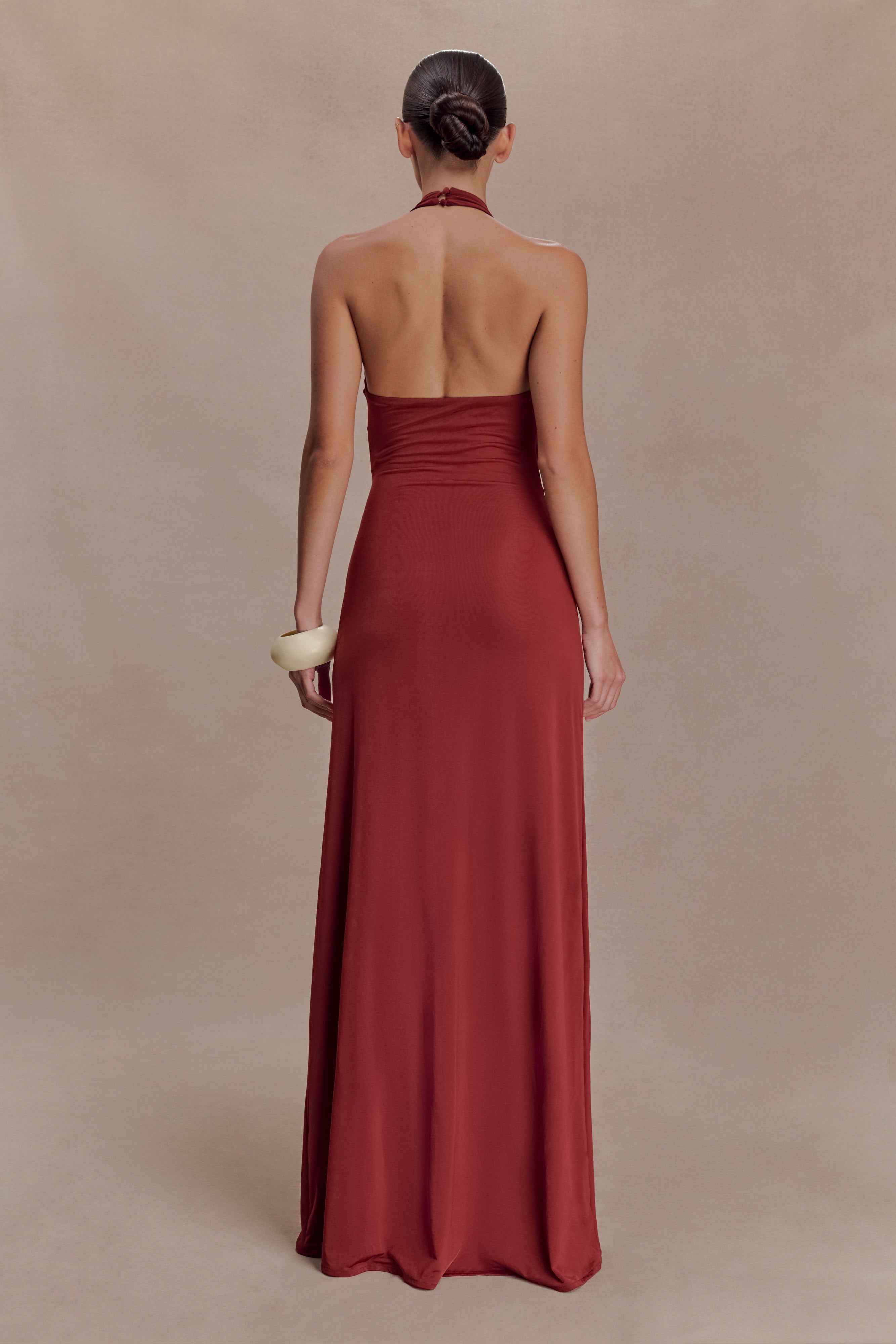 Veda Russet Slinky Halter Maxi Dress