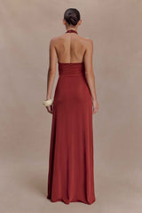 Veda Russet Slinky Halter Maxi Dress
