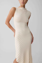 Milasandra Ivory Pleated Knit Midi Dress