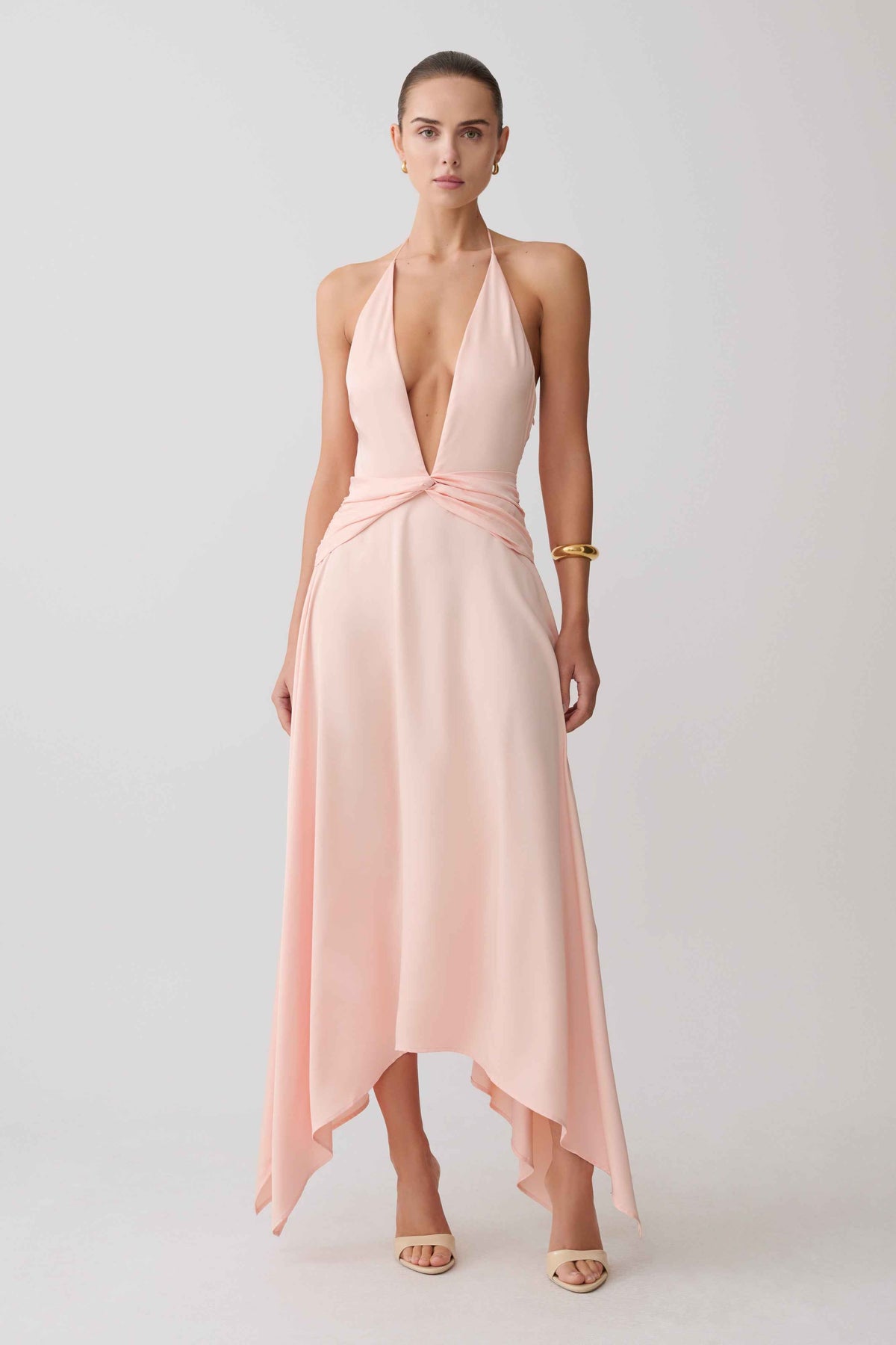 Cyra Peach Satin Midi Dress