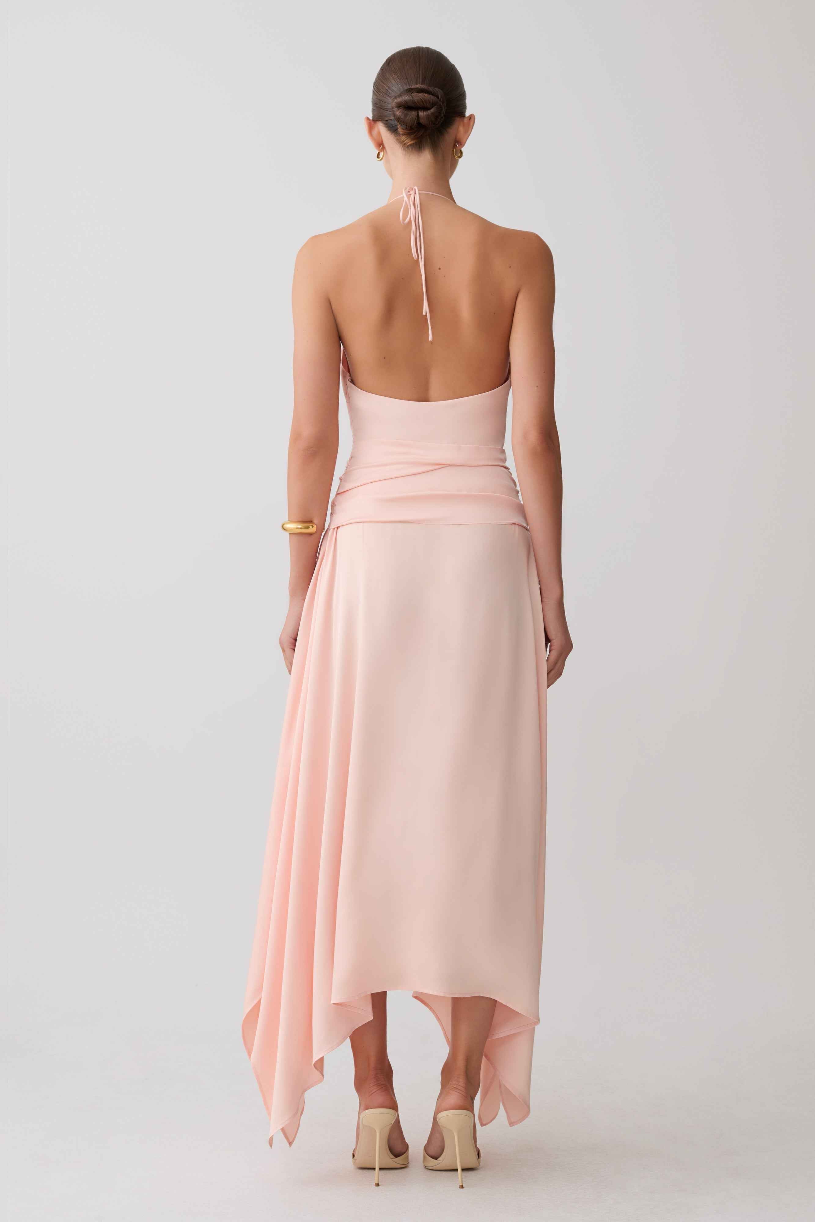 Cyra Peach Satin Midi Dress