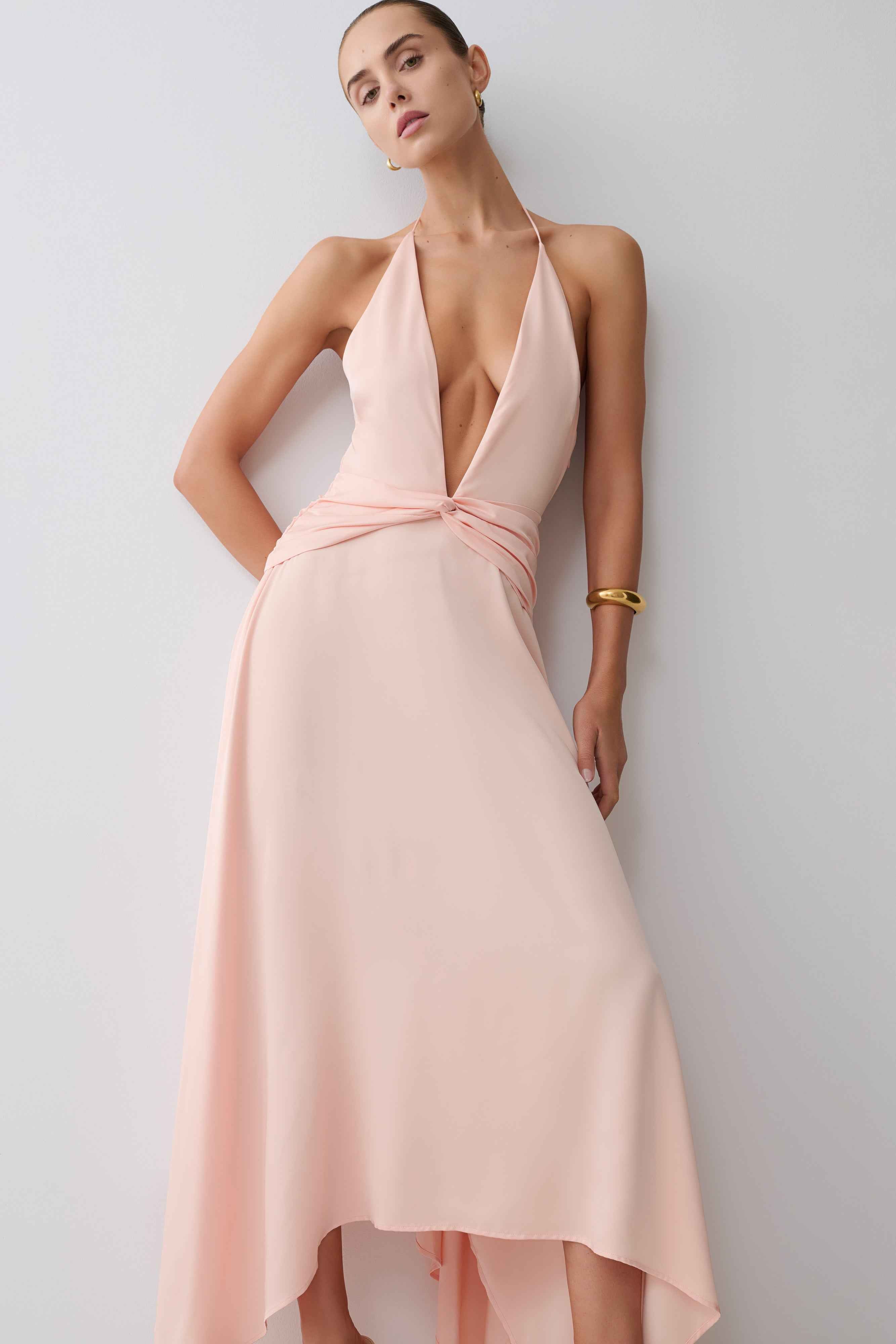 Cyra Peach Satin Midi Dress