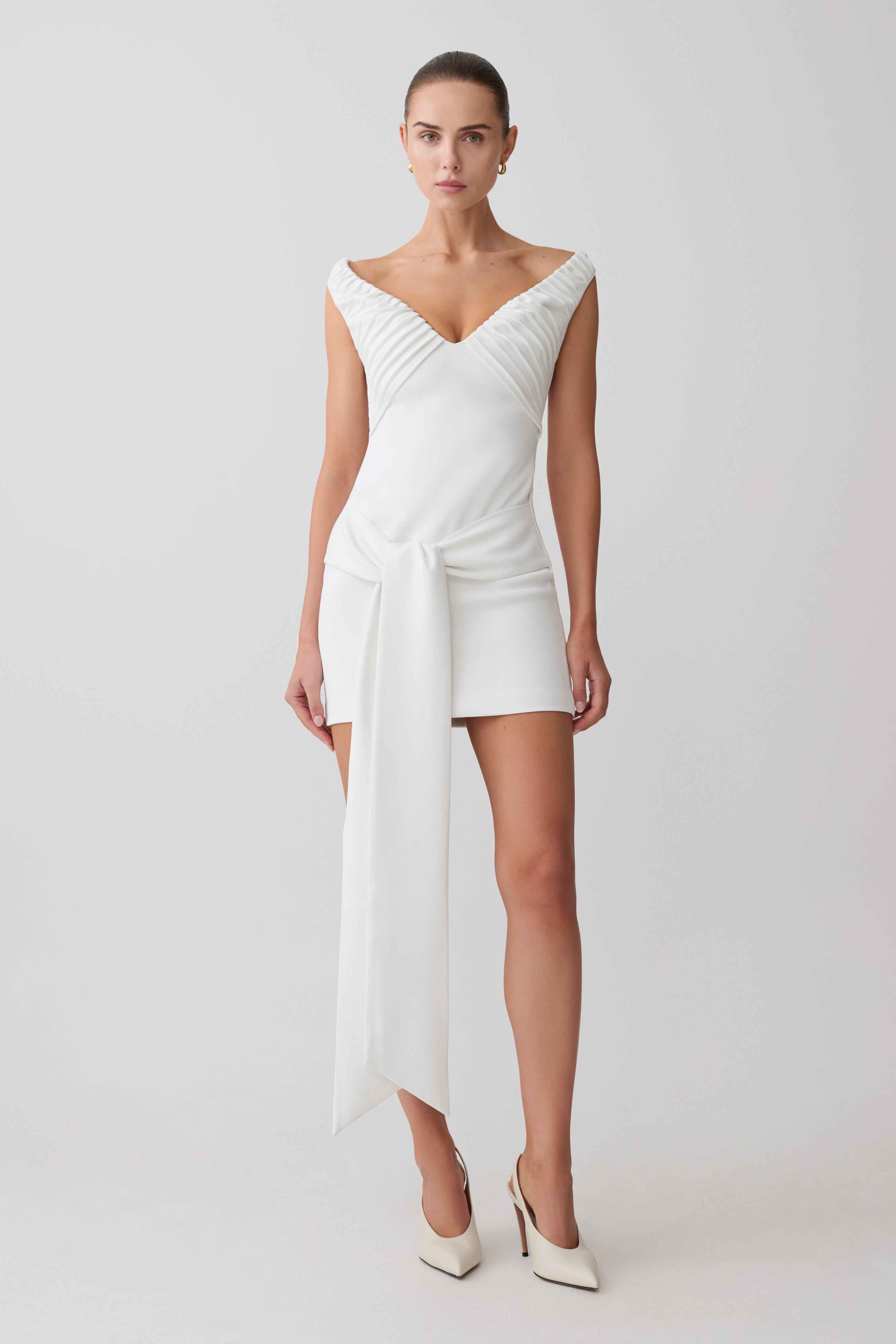 Runa White Off Shoulder Mini Dress with Waist Tie