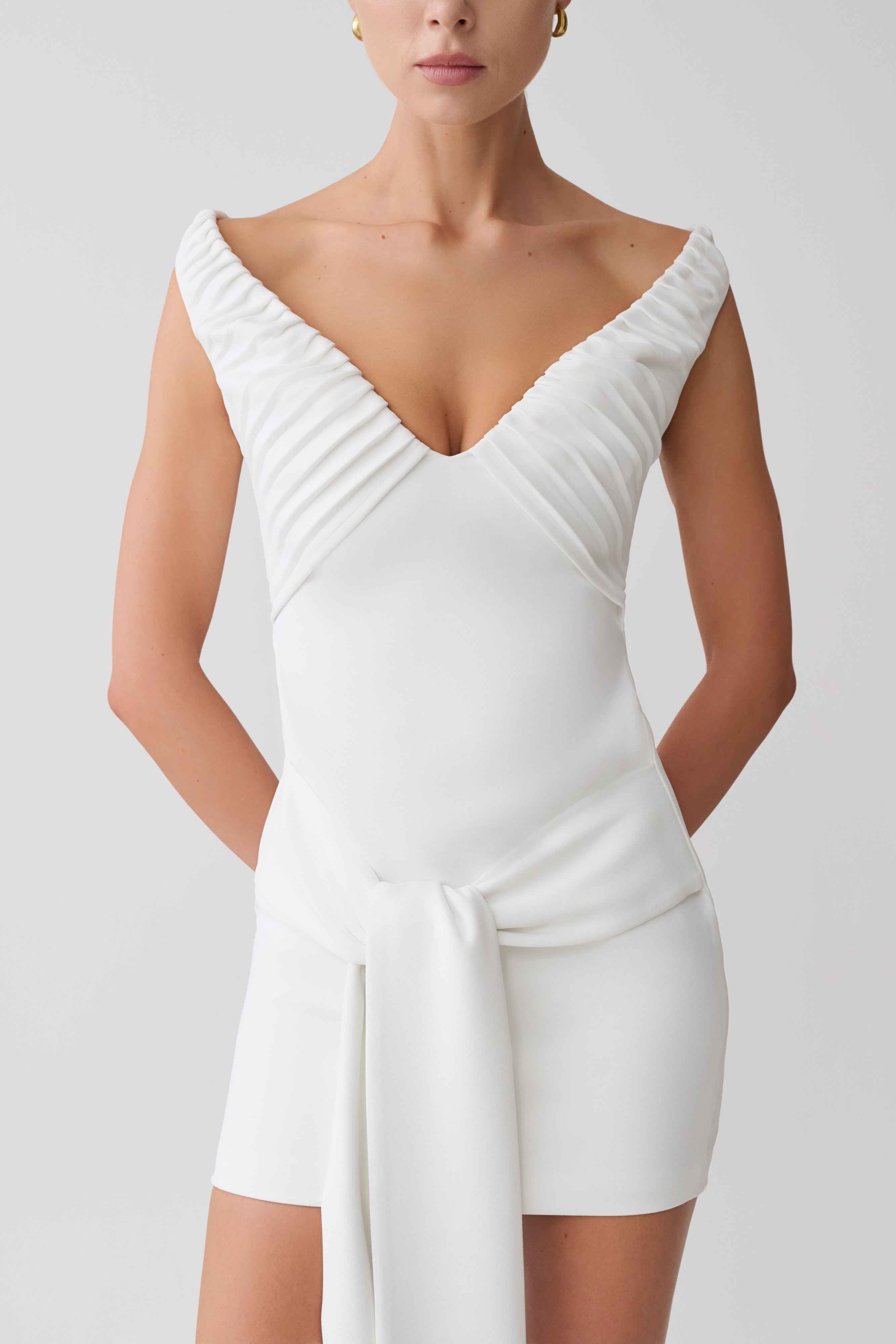 Runa White Off Shoulder Mini Dress with Waist Tie