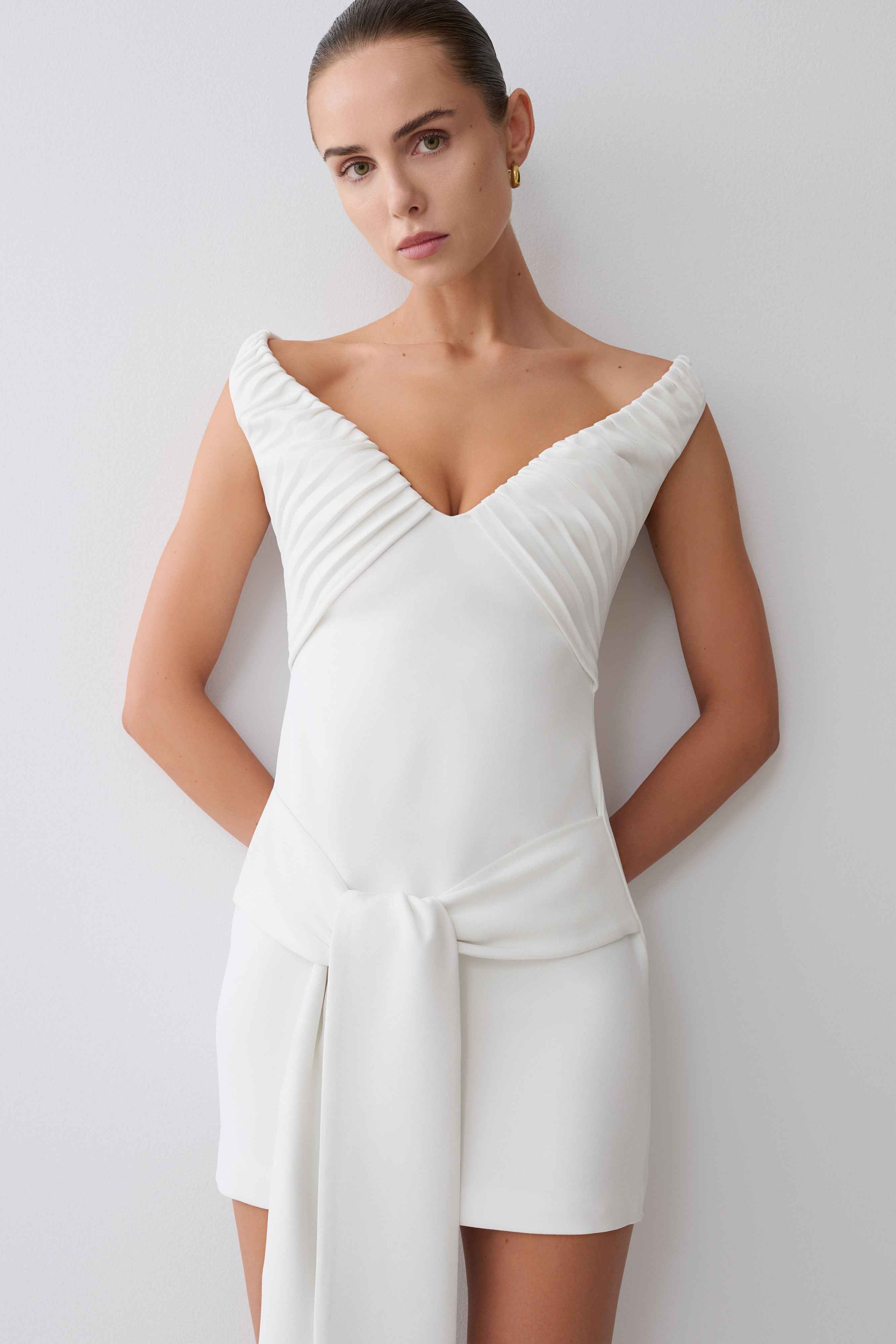 Runa White Off Shoulder Mini Dress with Waist Tie