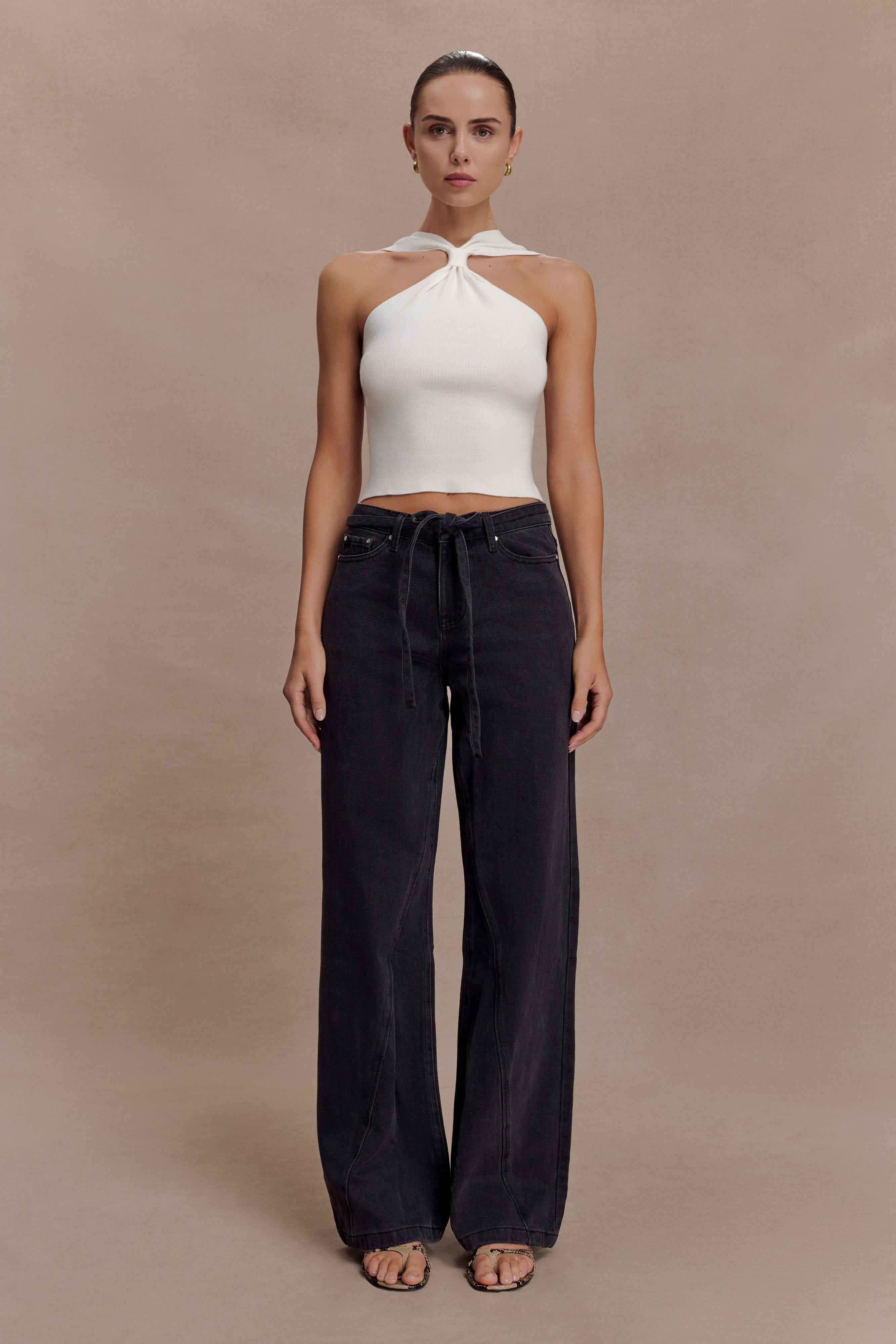 Perrie Washed Black Mid Rise Straight Leg Tie Jeans