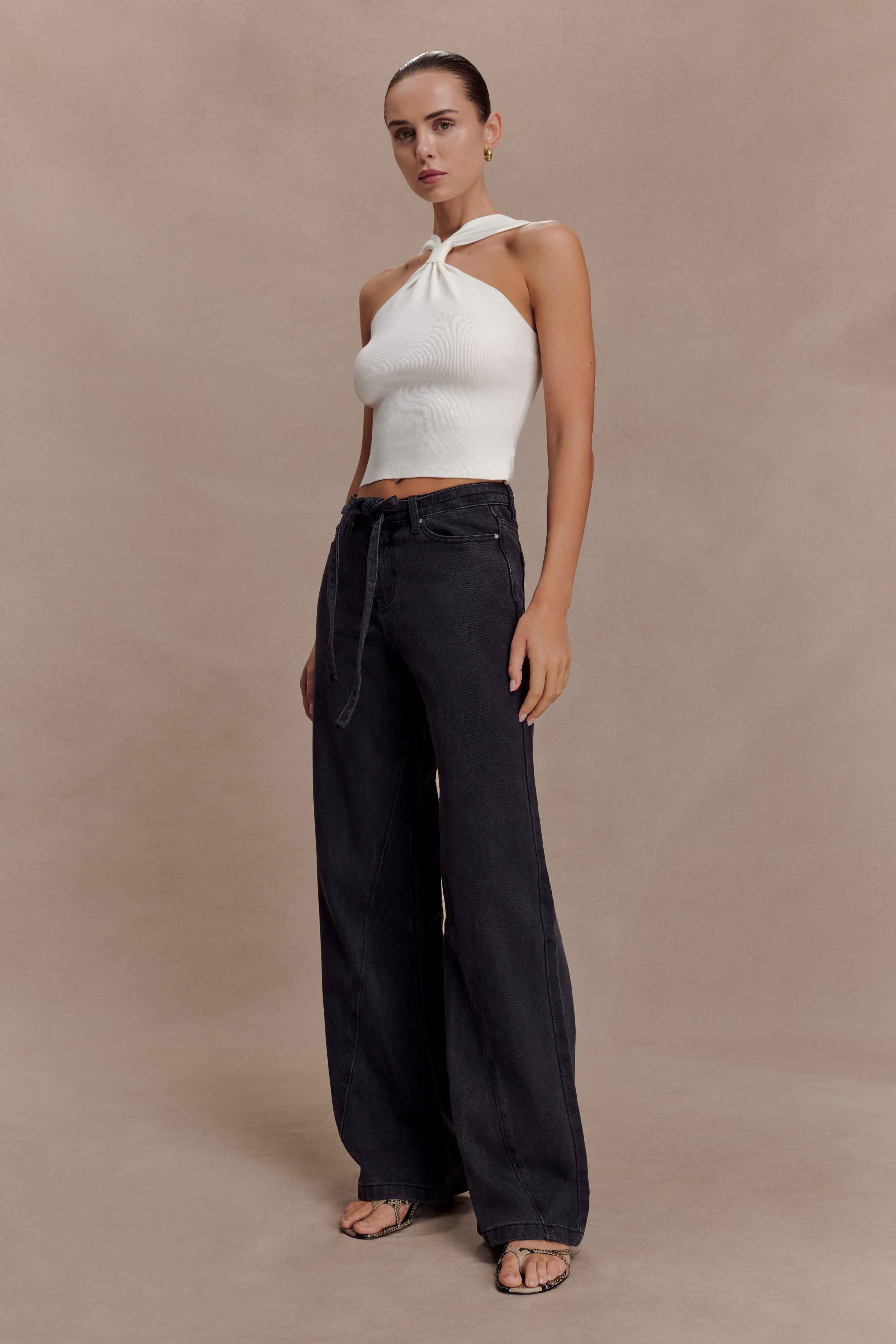 Perrie Washed Black Mid Rise Straight Leg Tie Jeans