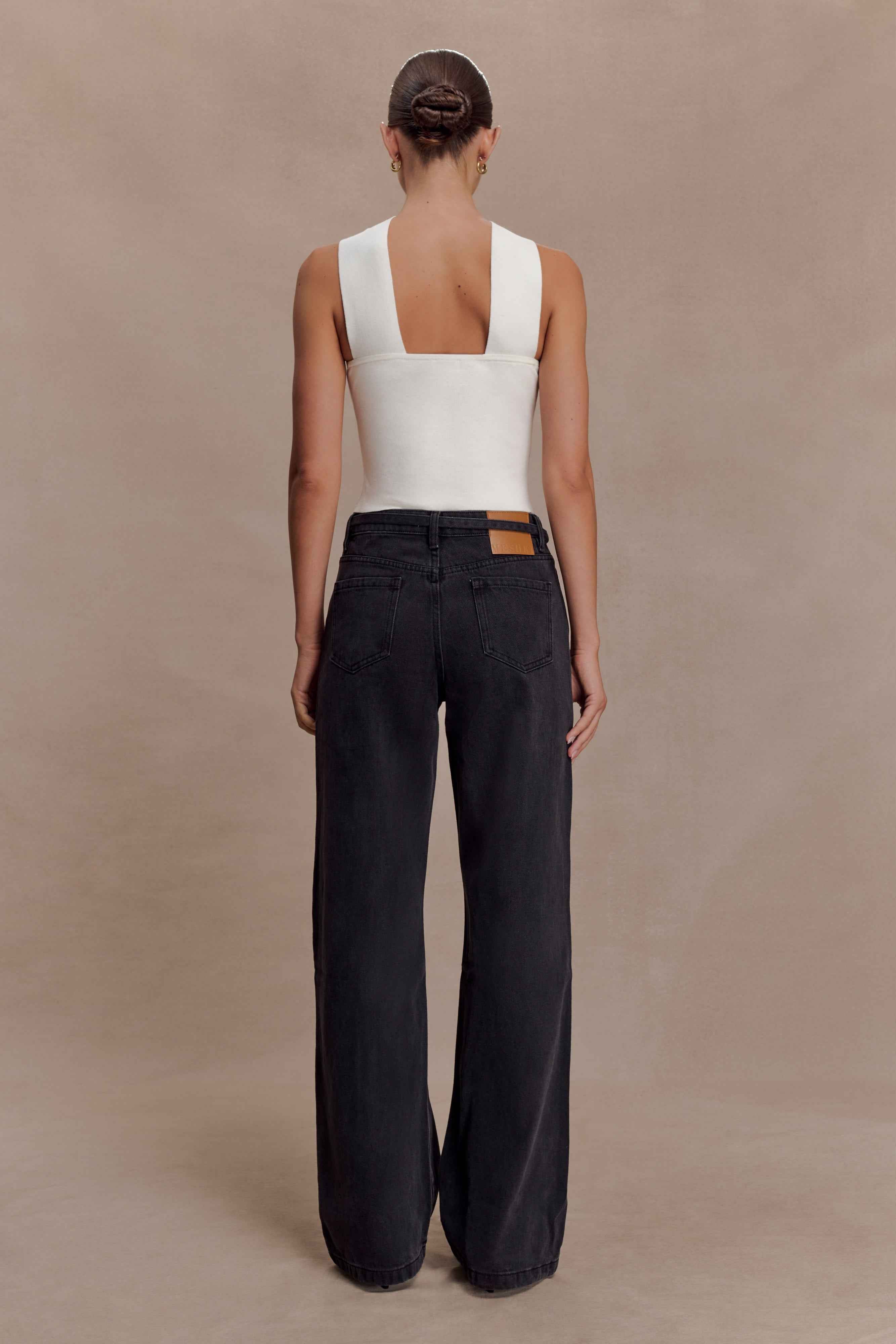 Perrie Washed Black Mid Rise Straight Leg Tie Jeans