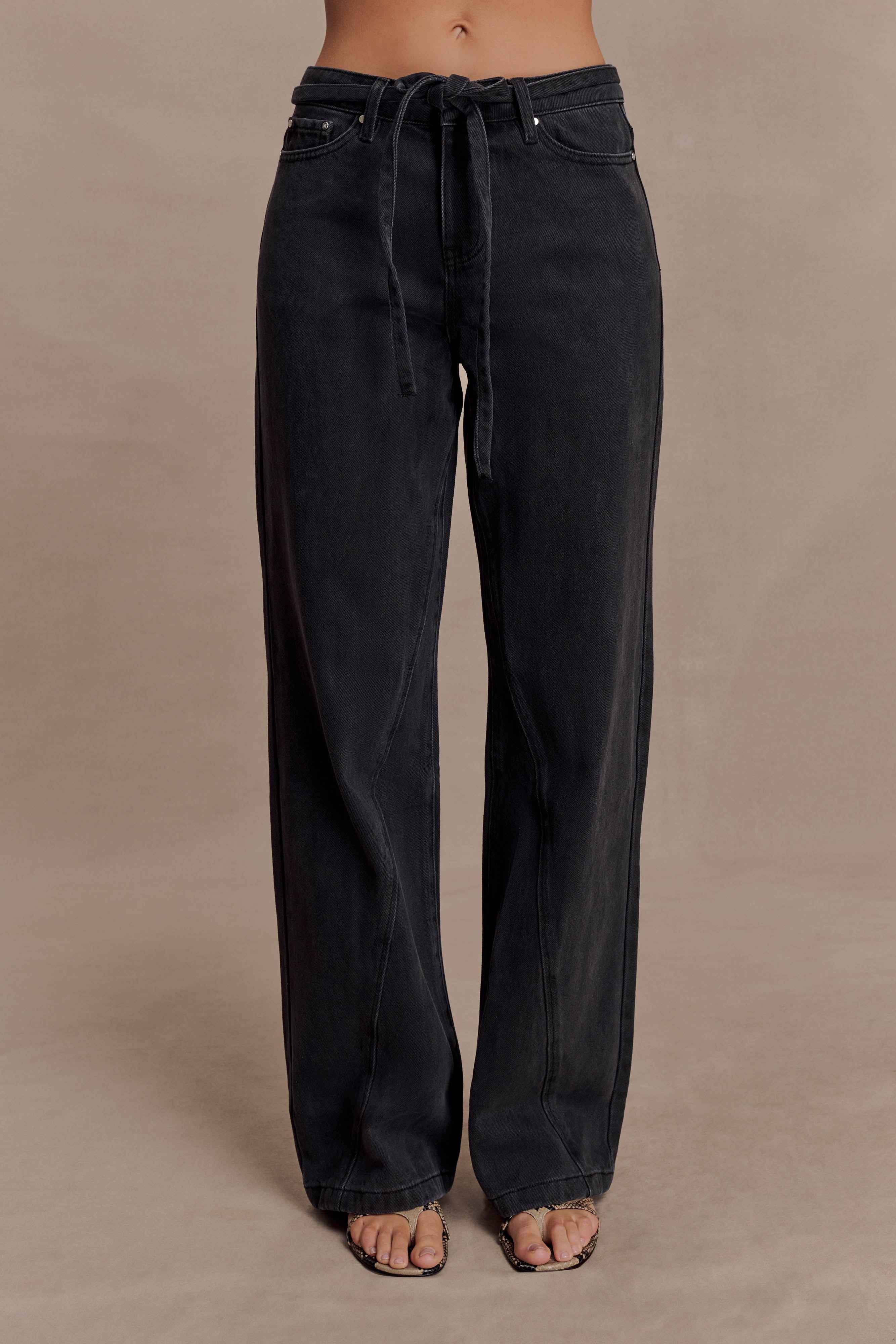 Perrie Washed Black Mid Rise Straight Leg Tie Jeans