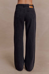Perrie Washed Black Mid Rise Straight Leg Tie Jeans