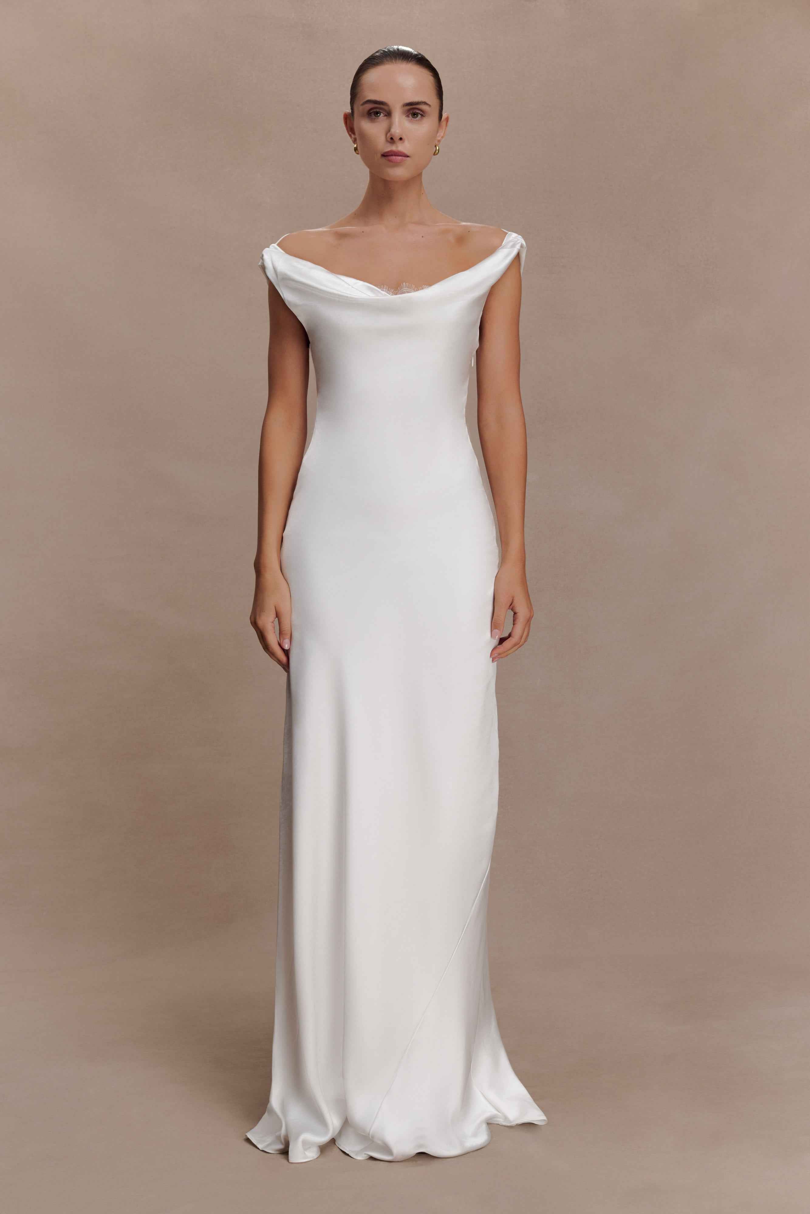 Ashley Ivory Maxi Dress with Cowl Neck and Lace Trim