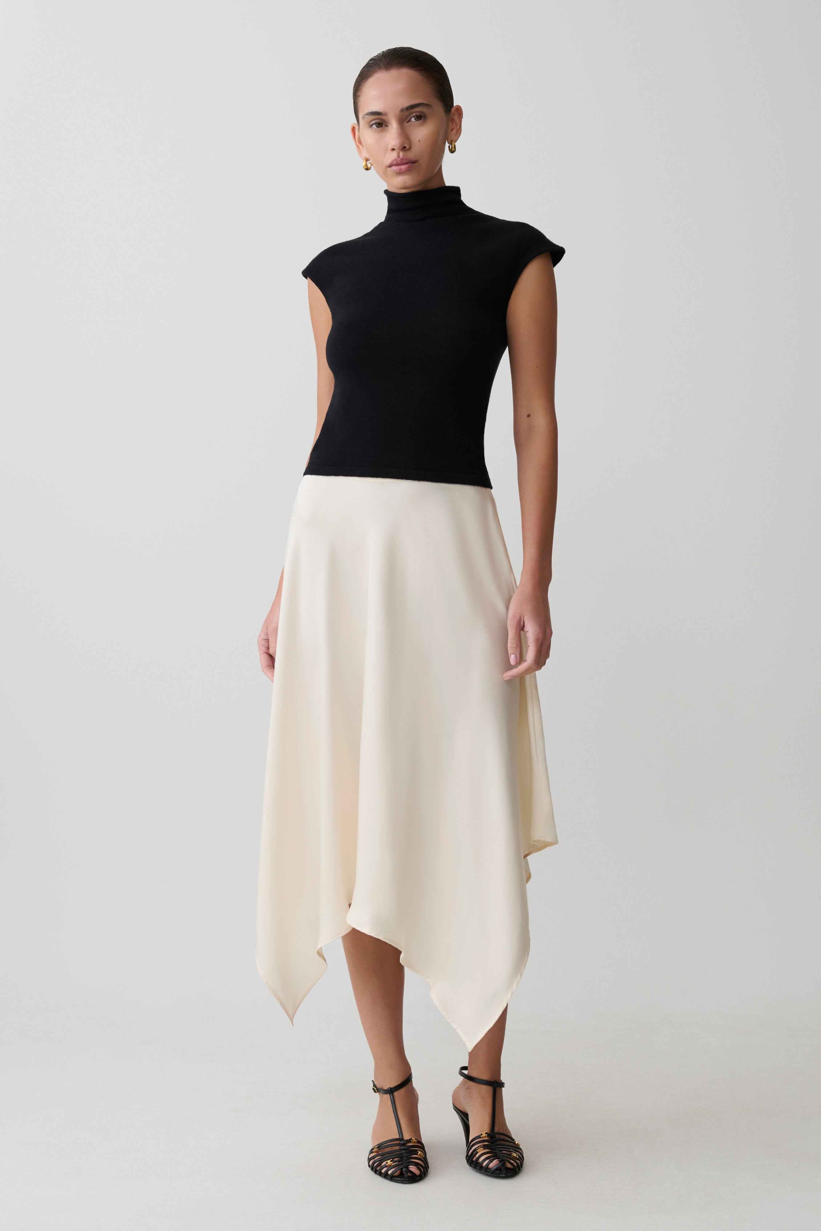 Coralie Ivory Asymmetric Satin Midi Skirt