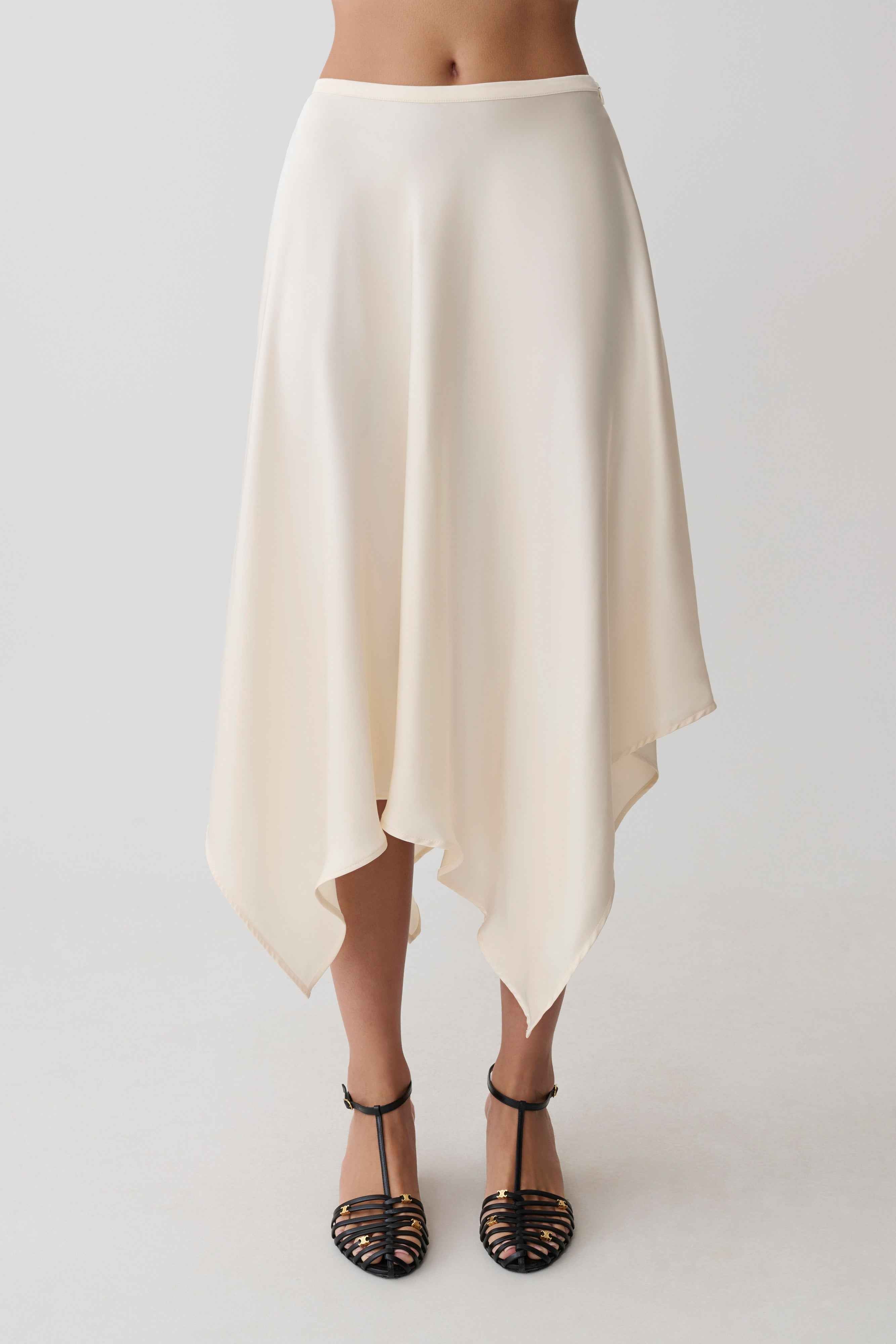 Coralie Ivory Asymmetric Satin Midi Skirt