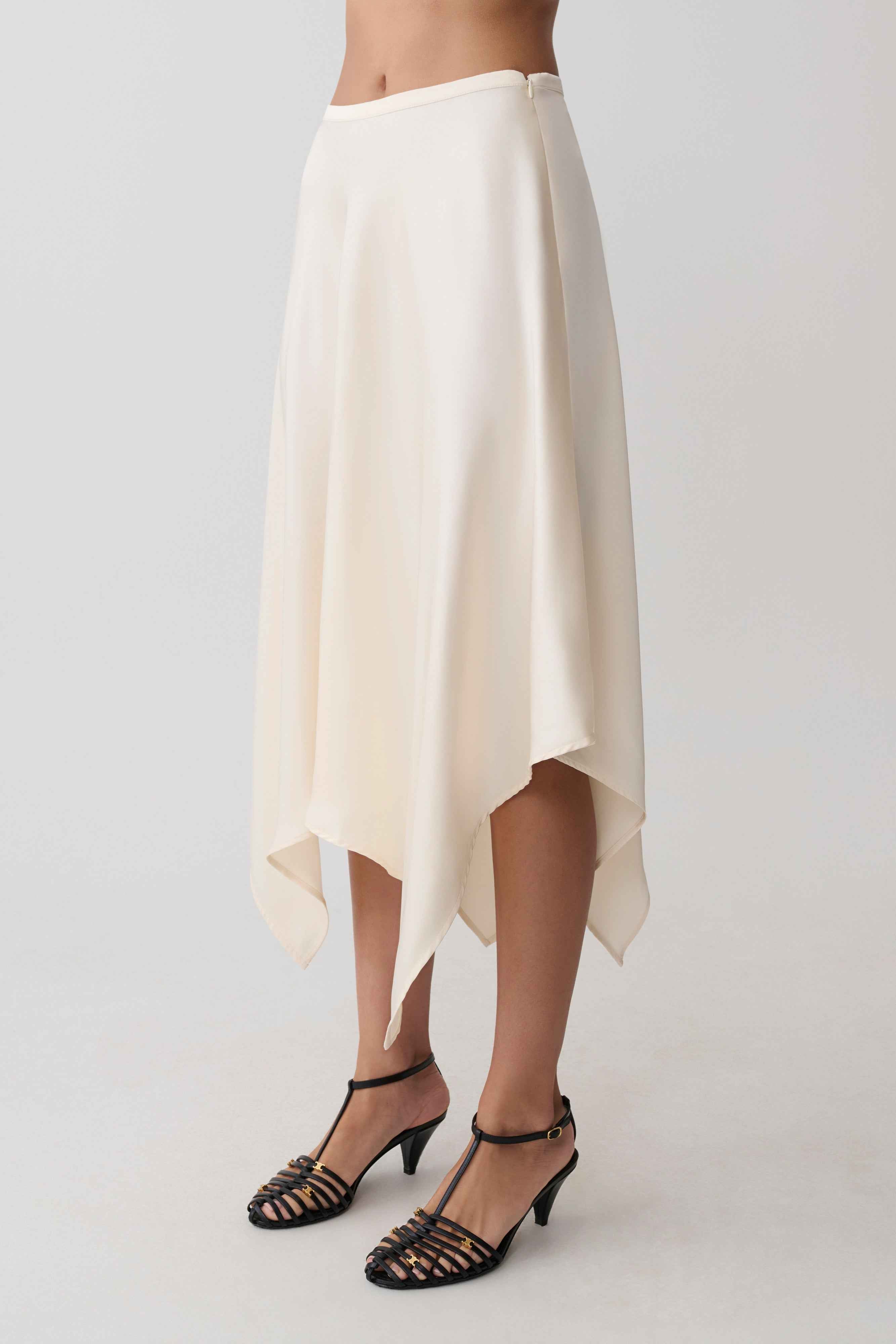 Coralie Ivory Asymmetric Satin Midi Skirt