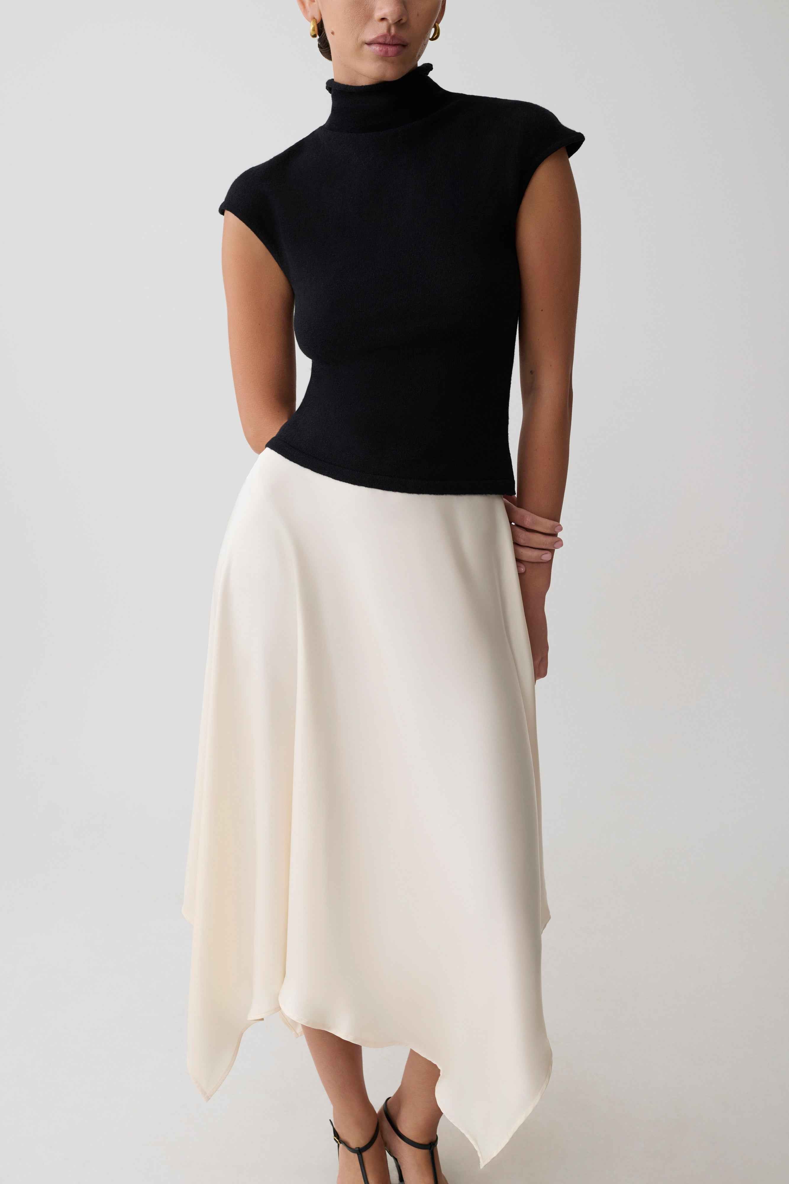 Coralie Ivory Asymmetric Satin Midi Skirt