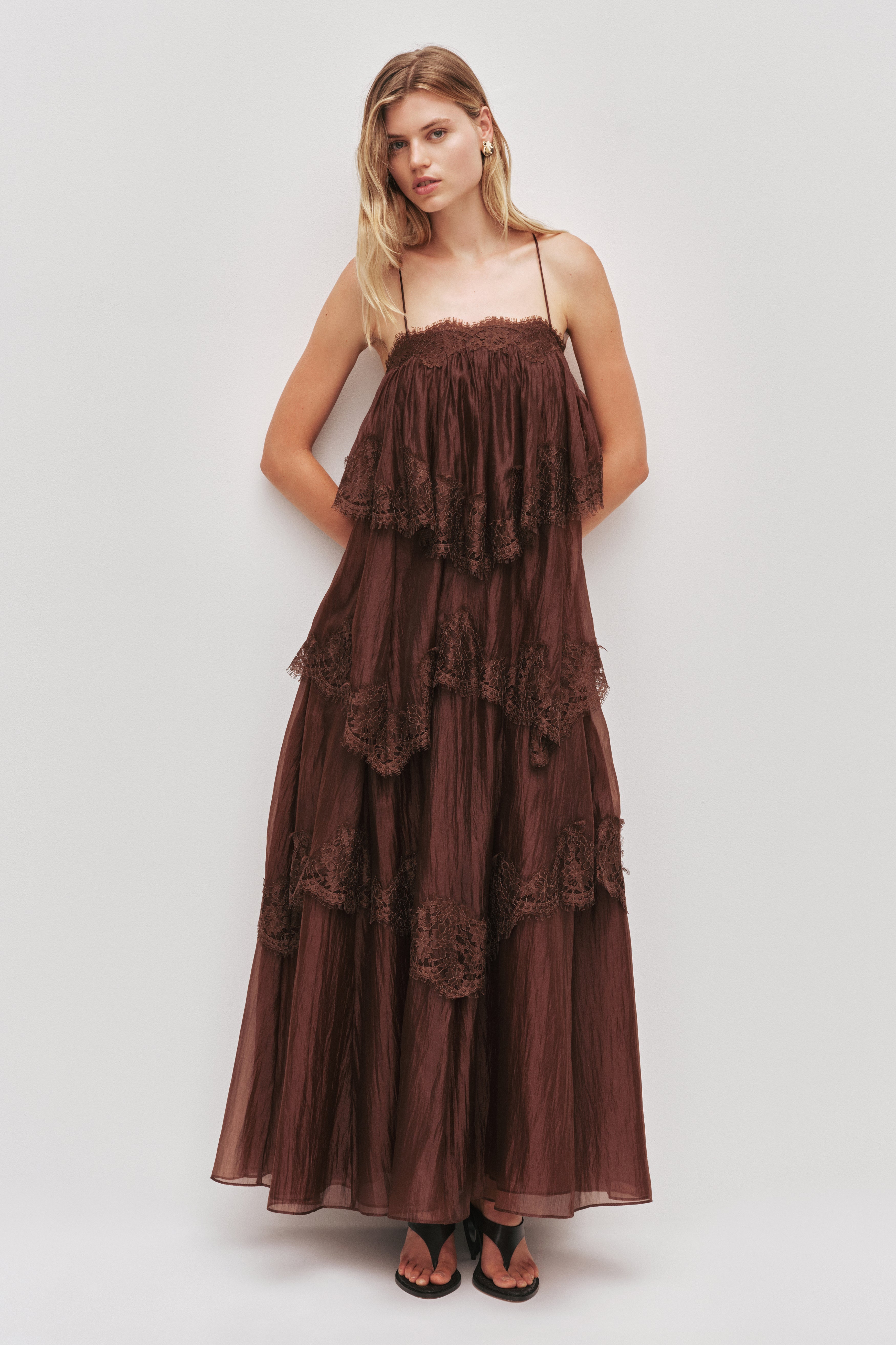 Ophelia tiered lace maxi wedding guest dress