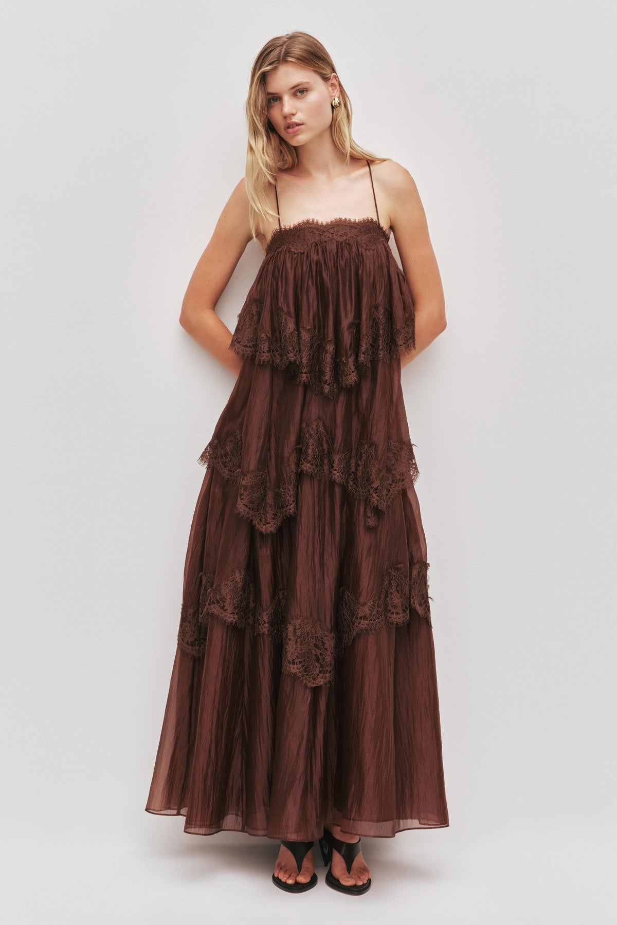 Ophelia tiered lace maxi wedding guest dress