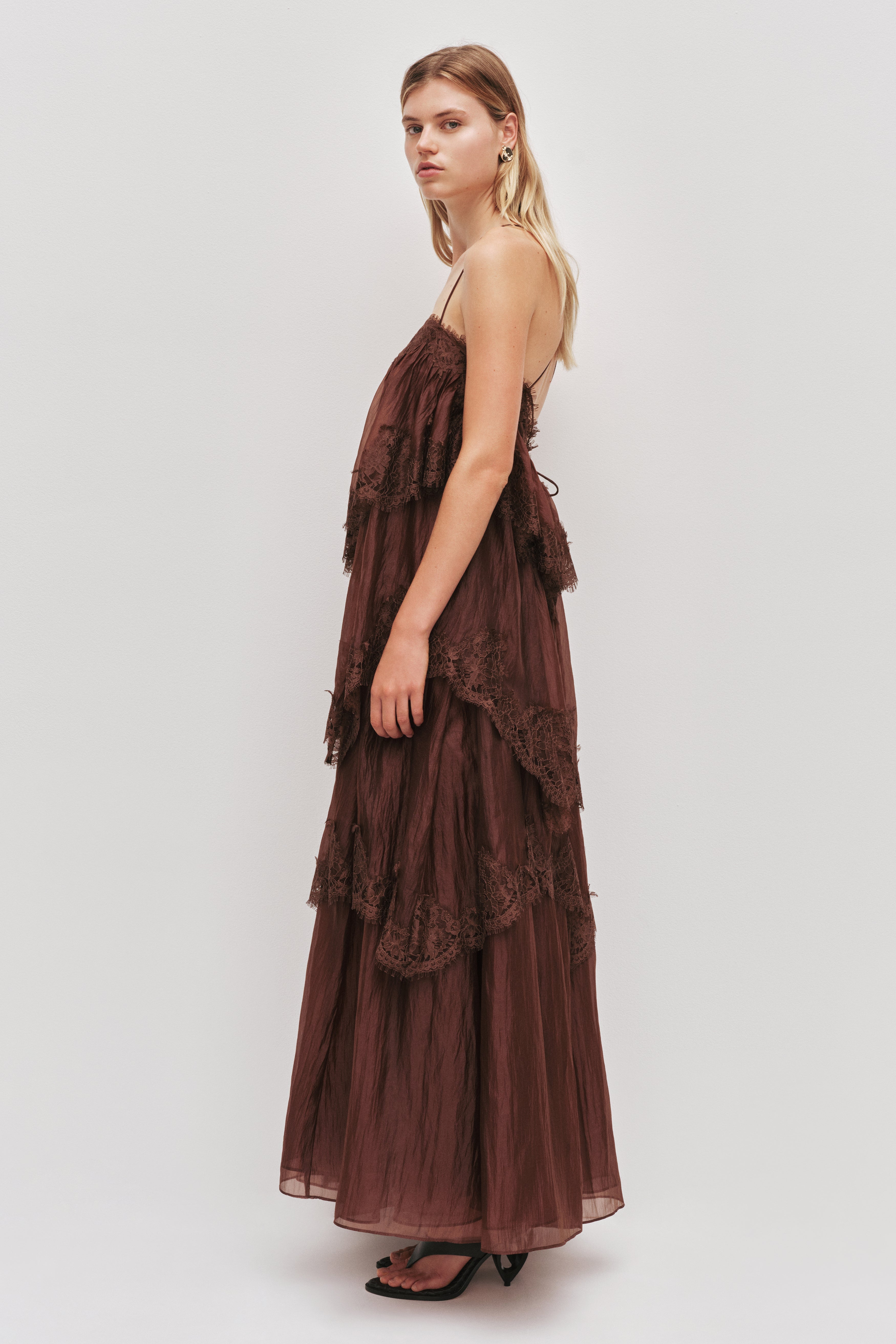 Ophelia tiered lace maxi wedding guest dress