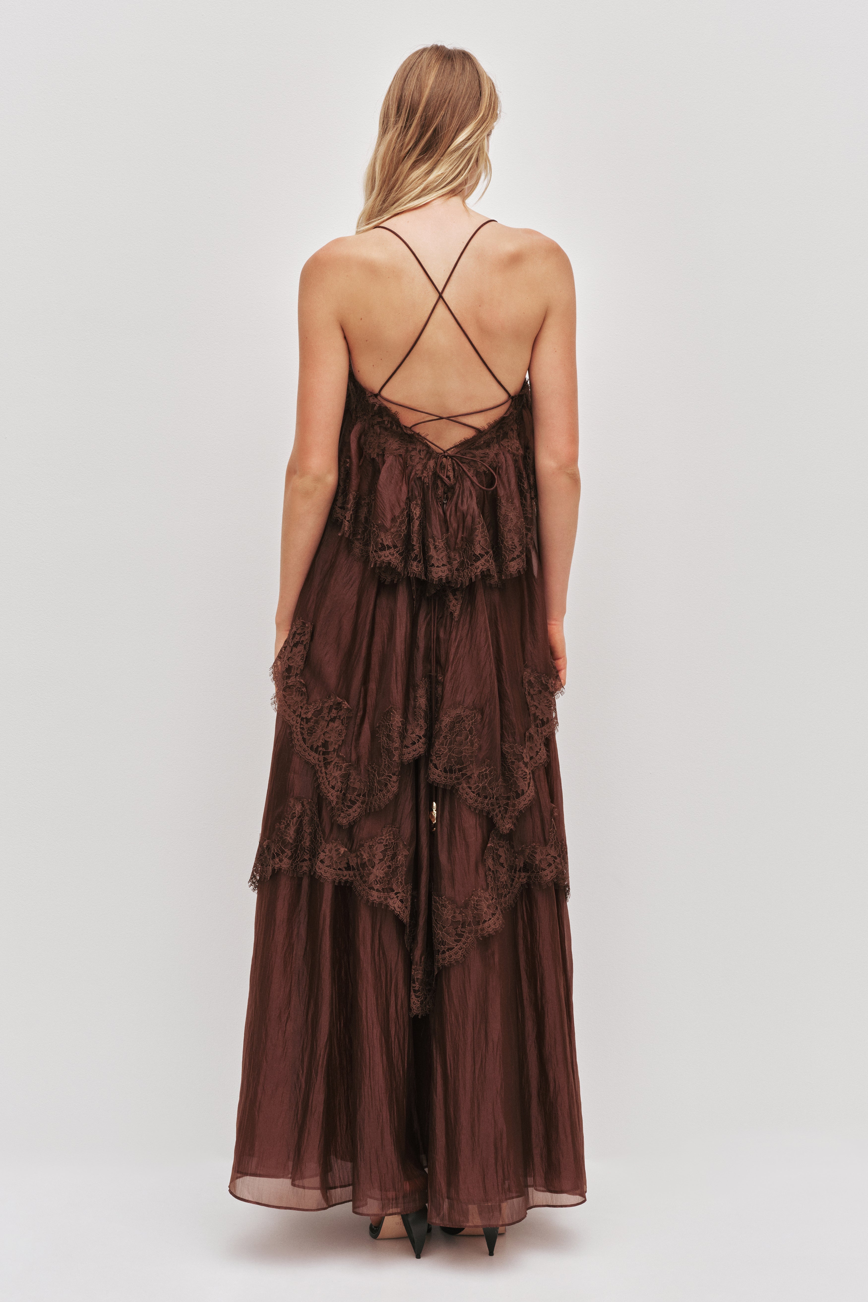 Ophelia tiered lace maxi wedding guest dress