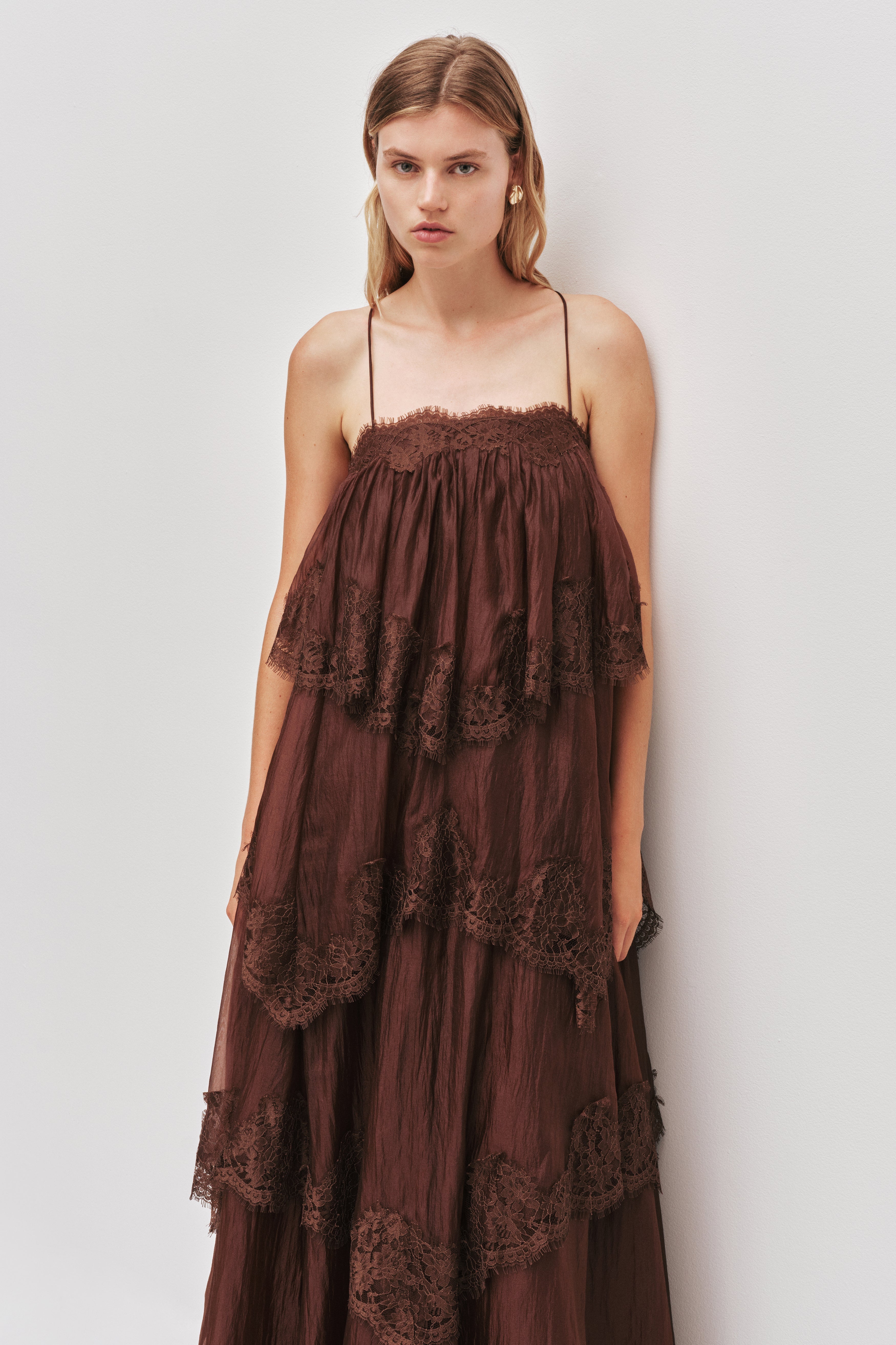 Ophelia tiered lace maxi wedding guest dress