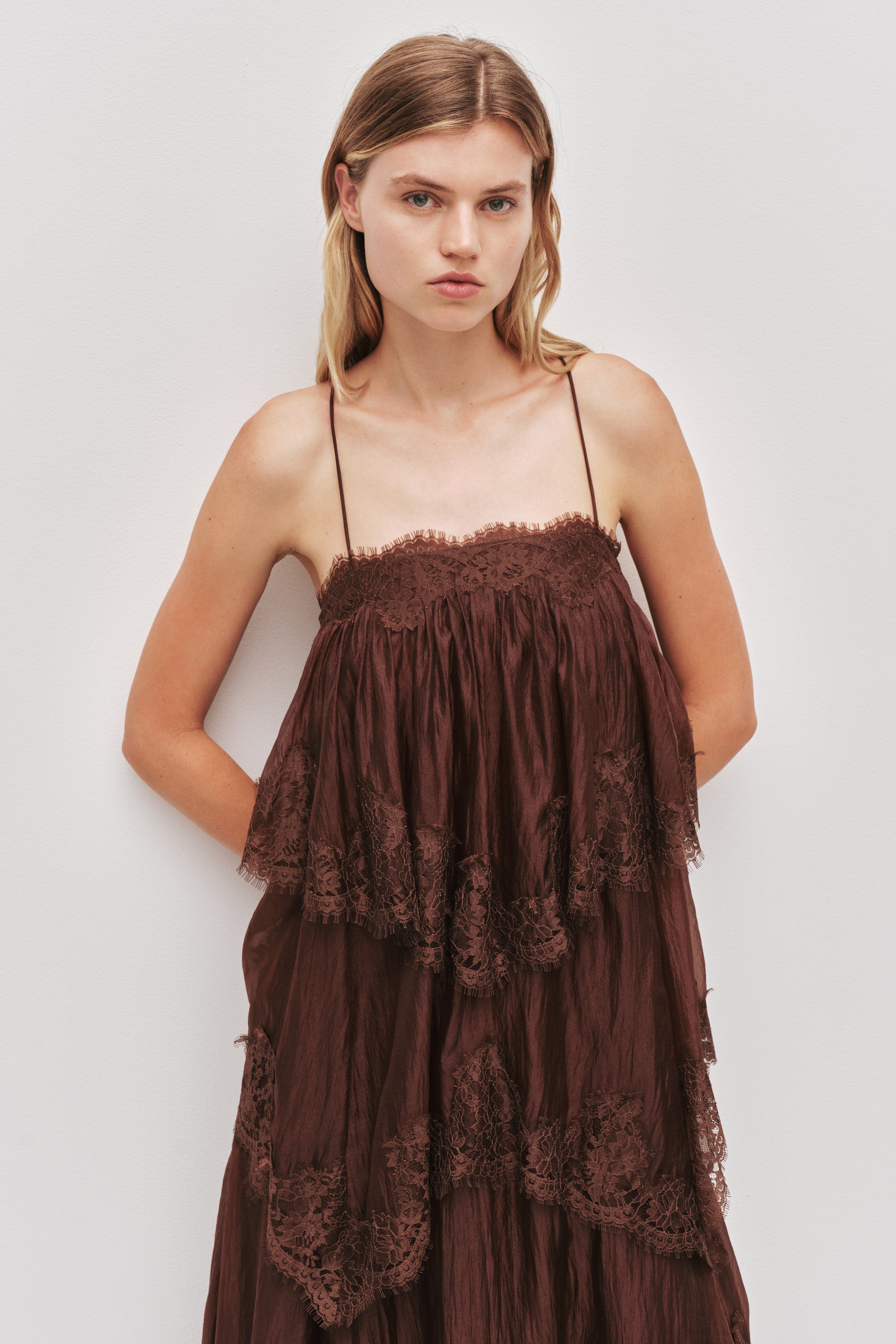Ophelia tiered lace maxi wedding guest dress