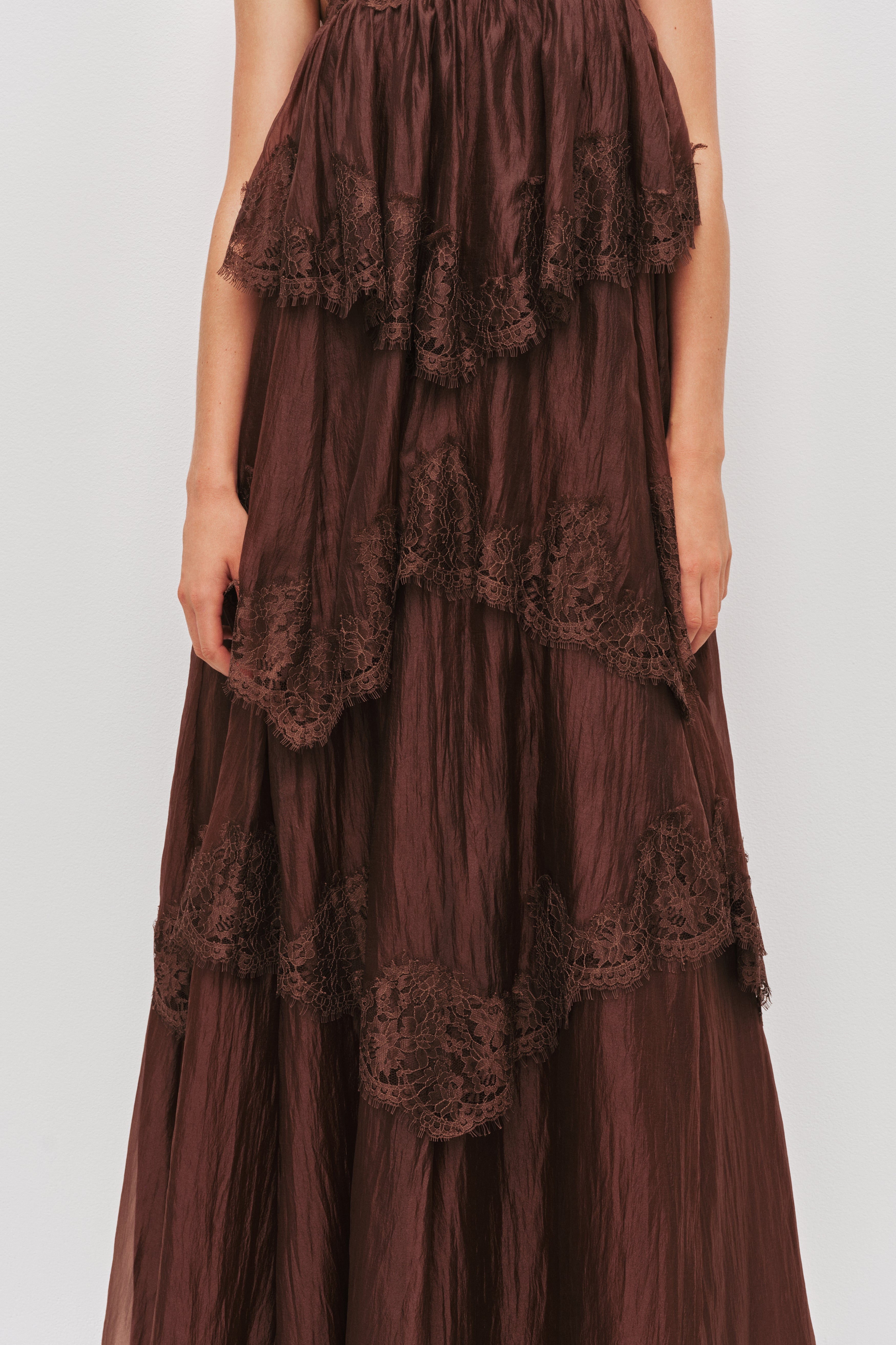 Ophelia tiered lace maxi wedding guest dress