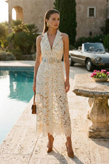 Halter Lace Midi Dress with Belted Waist Ivoire