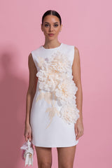 Sleeveless Mini Dress With Round Neckline And 3D Floral Appliqu - White
