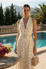 Halter Lace Midi Dress with Belted Waist Ivoire