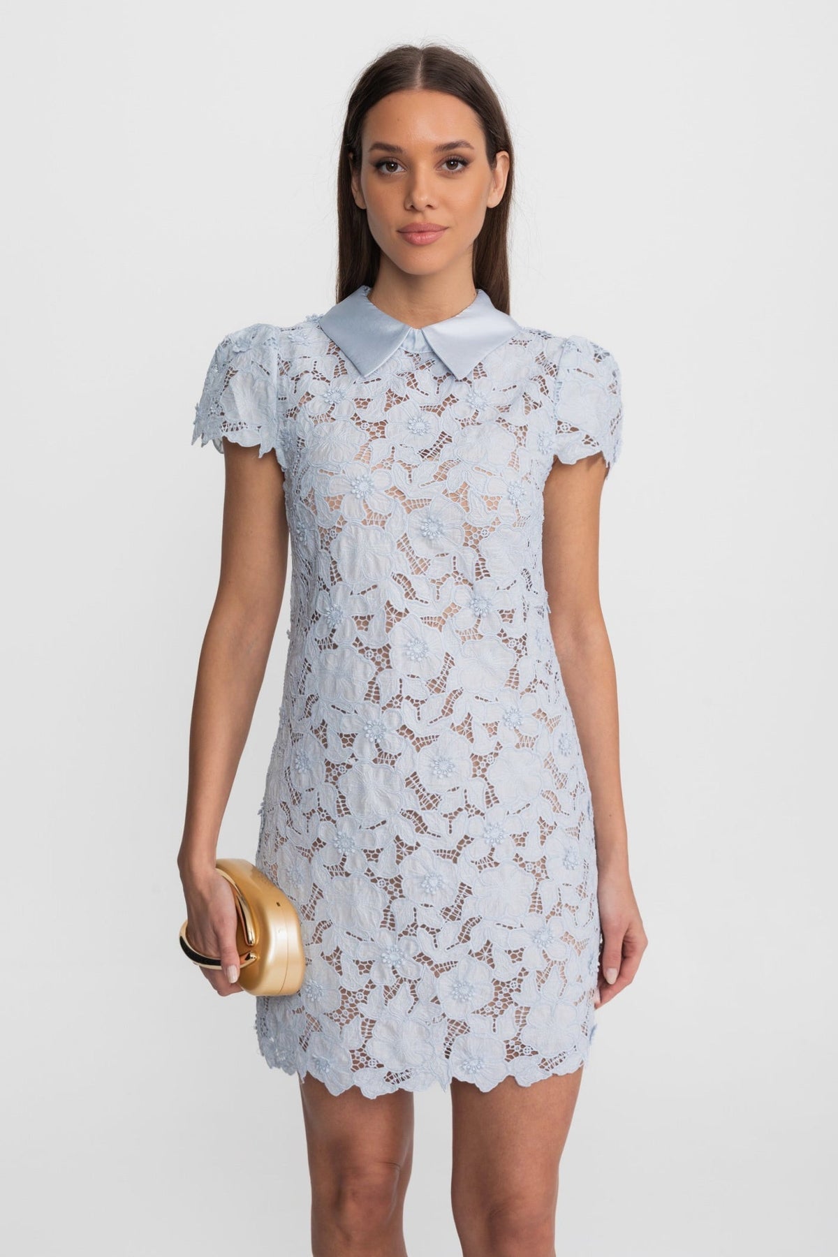 Floral Lace Mini Dress with Satin Collar Light Blue