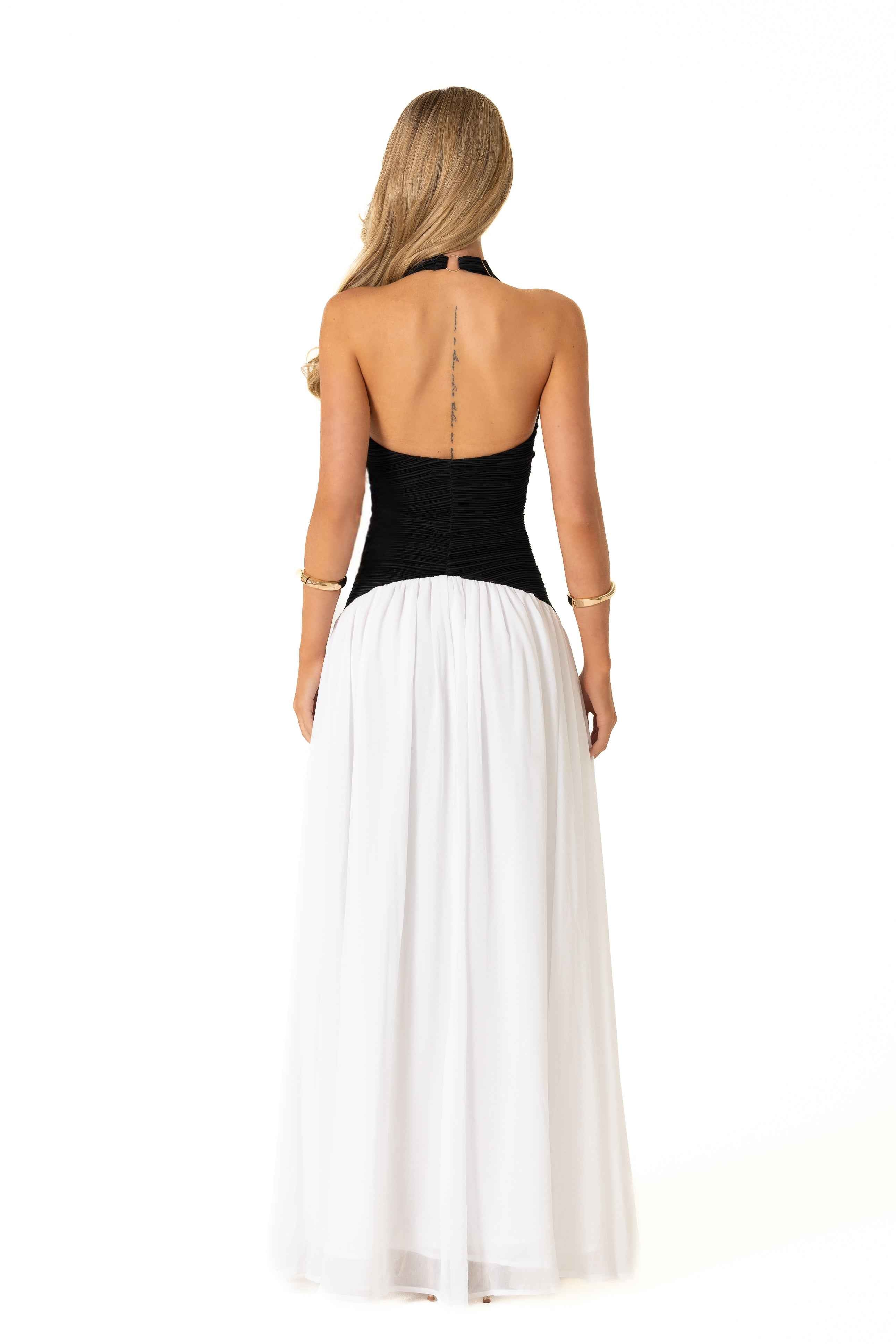 Elena Midi Dress - Black Pleated Halter
