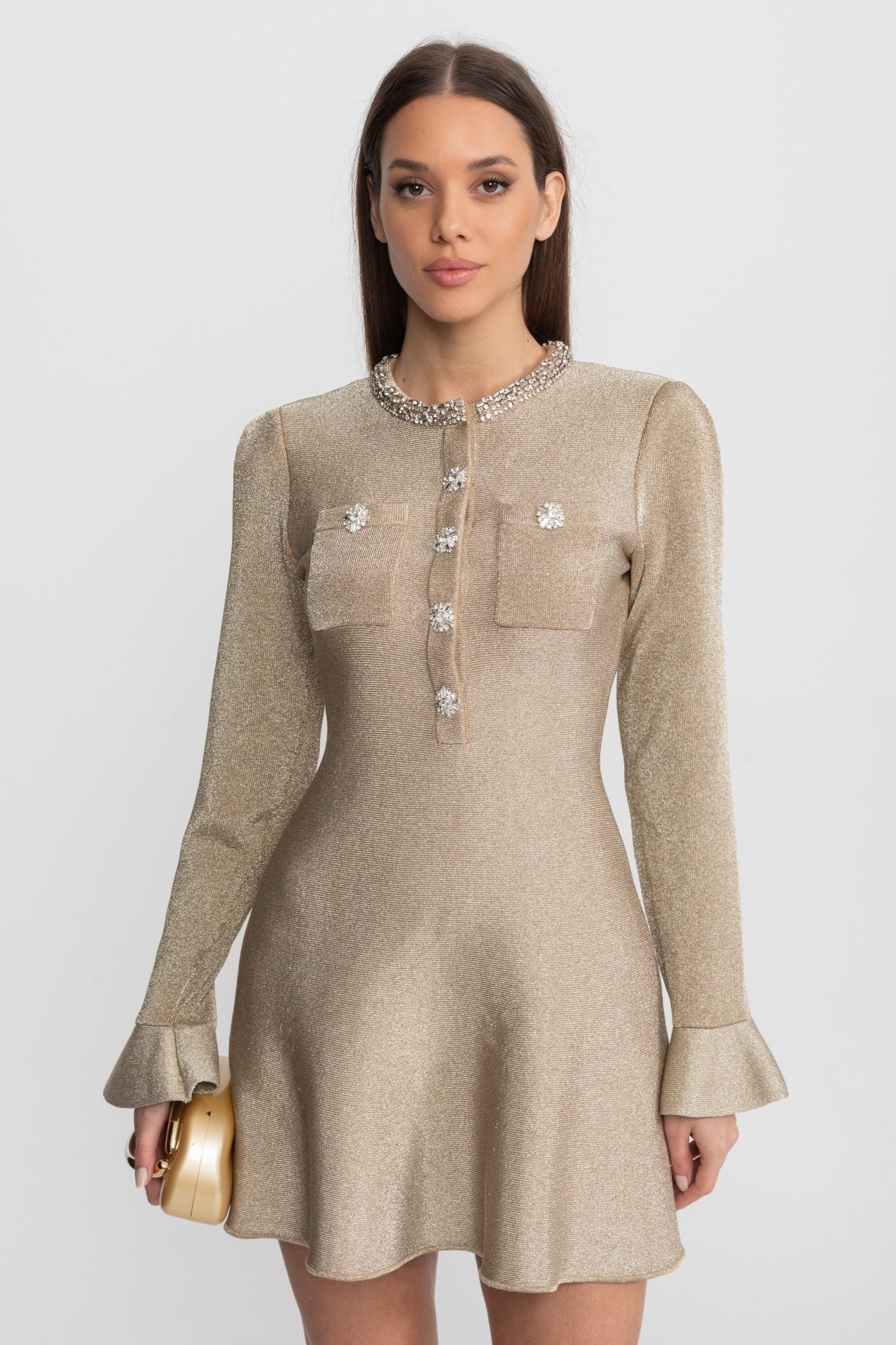 Shimmer Mini Dress with Crystal Button Embellishments Champagne
