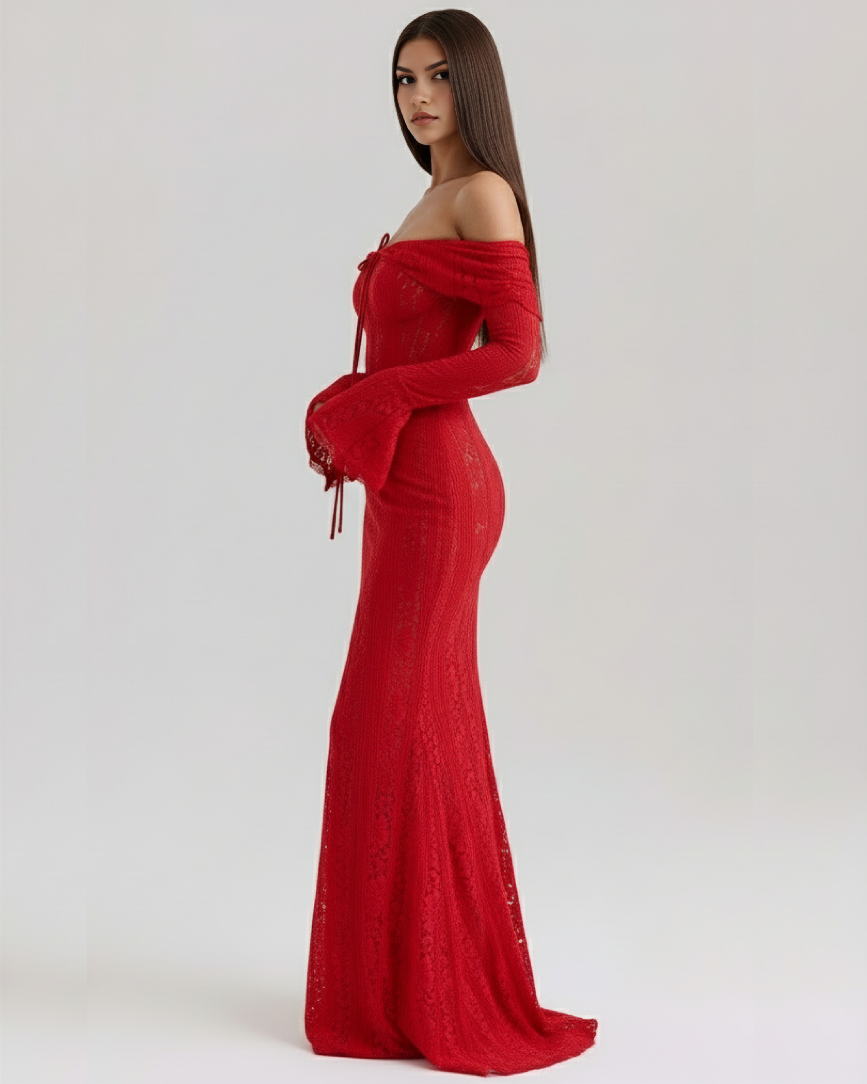 Red Stretch Floral Lace, Off-Shoulder Boned Bodice, Evening Wear