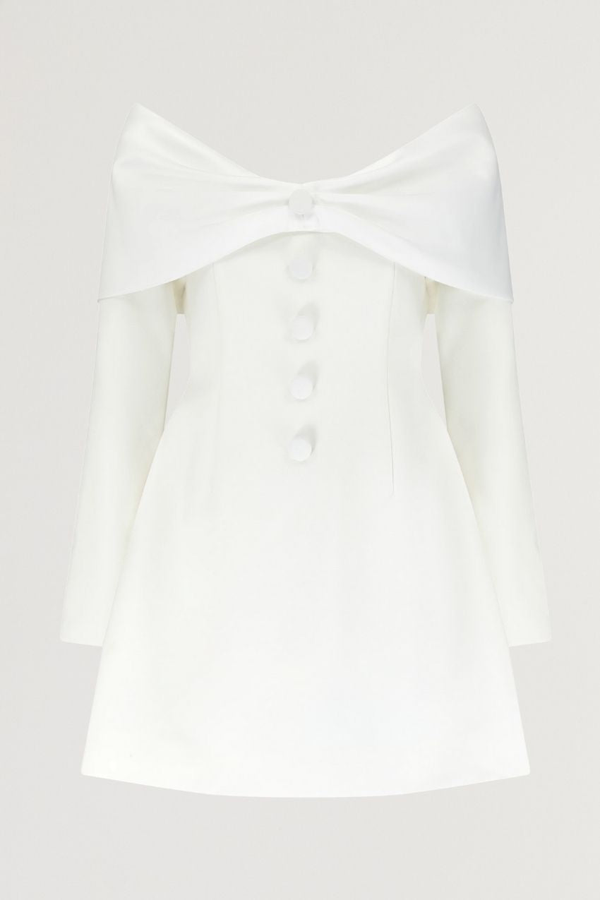 Bow Satin Off-Shoulder Mini Wedding Dress - White