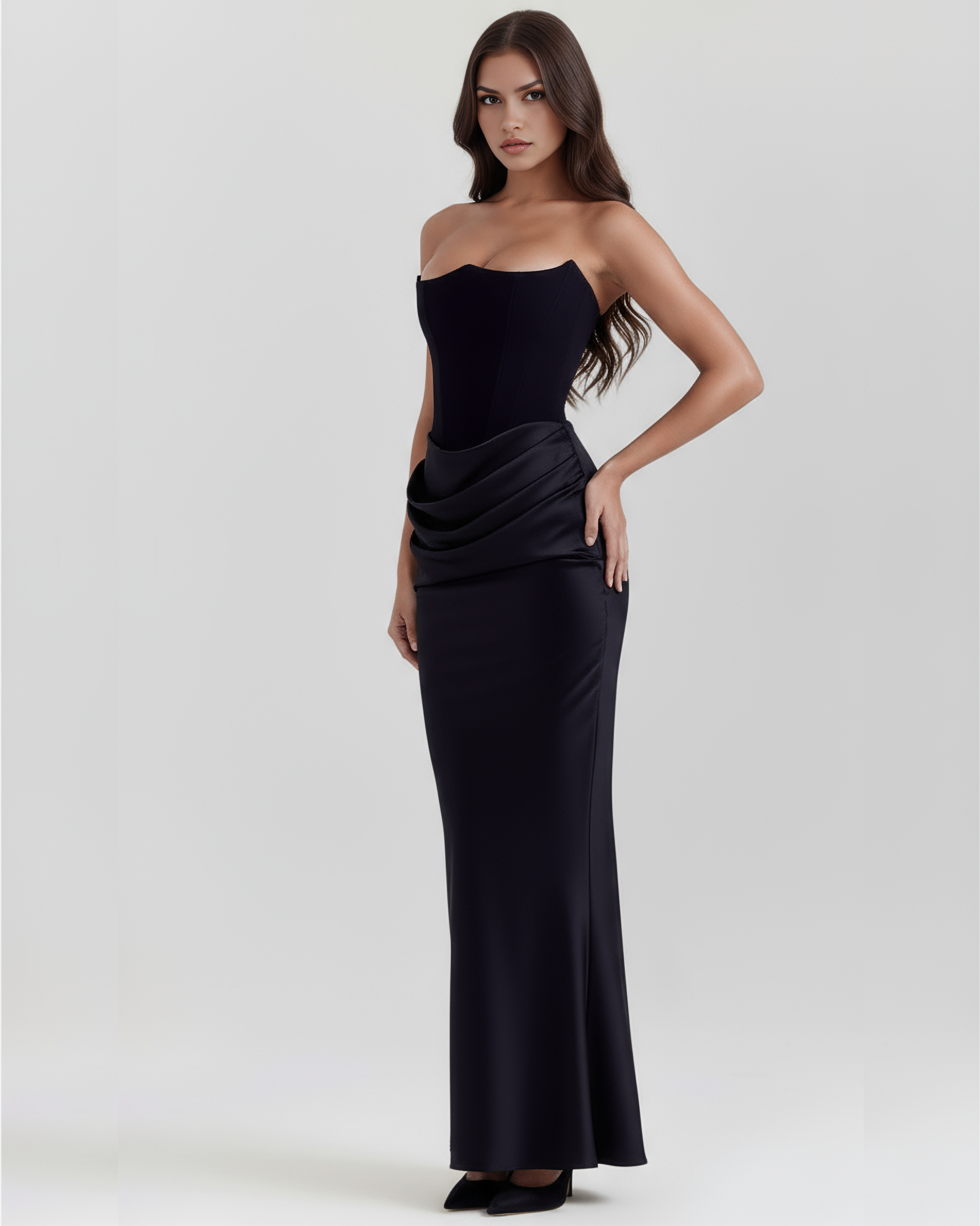 Almond Muse Style, Stretch Crepe Boned Bodice, Glamorous Events