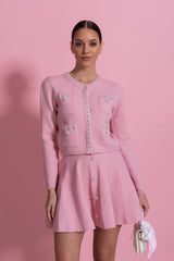 Knit Co-Ord Set With Long Sleeve Cardigan And Matching Mini Skirt - Blush Pink